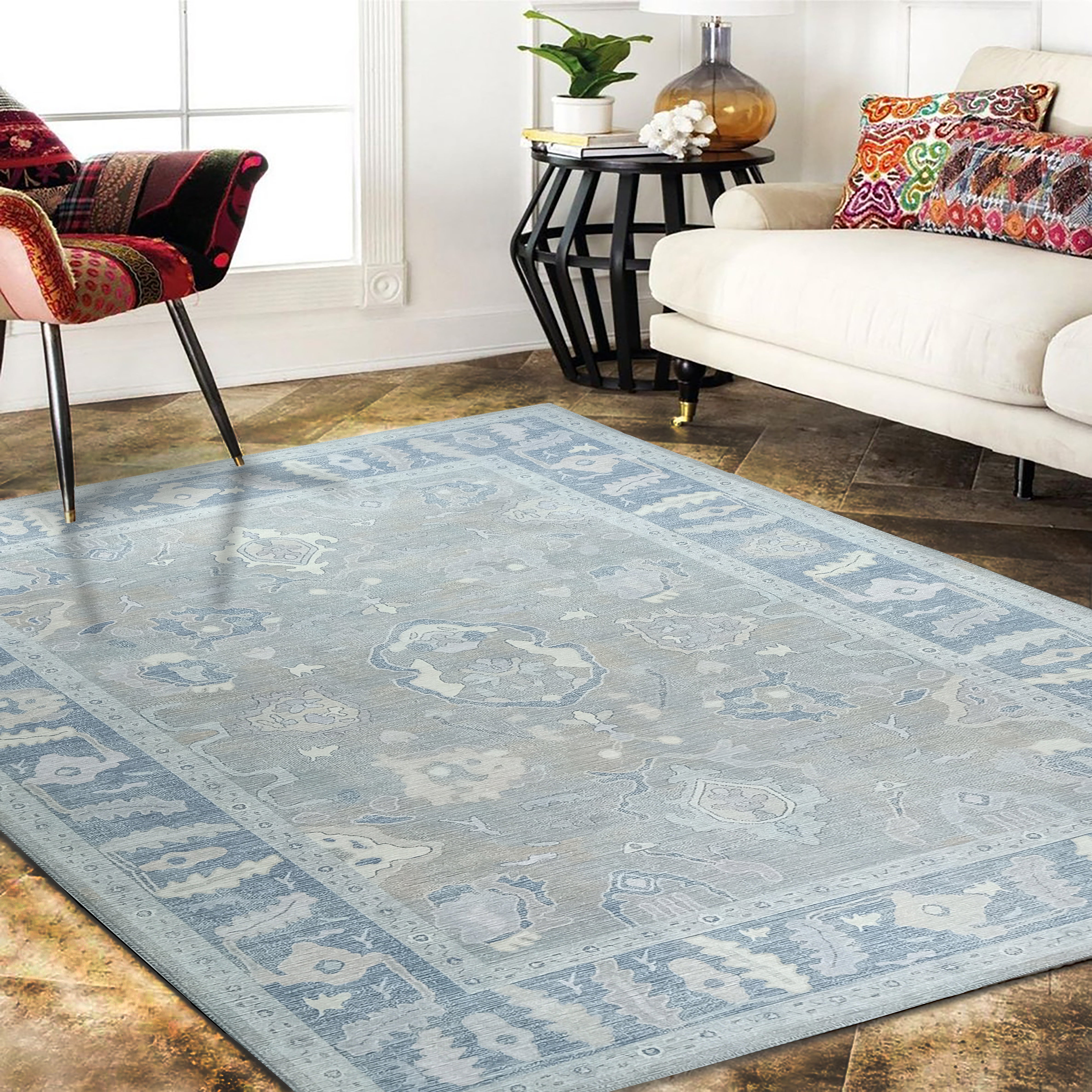 Oushak Gray Modern Rug, Shades of Grey & Distressed Blue Vintage Turkish Pastel Area Rugs, Oriental Antique style Luxury Living room Bedroom-famerugs-2&#39;x3&#39; ft 60x90cm-fame