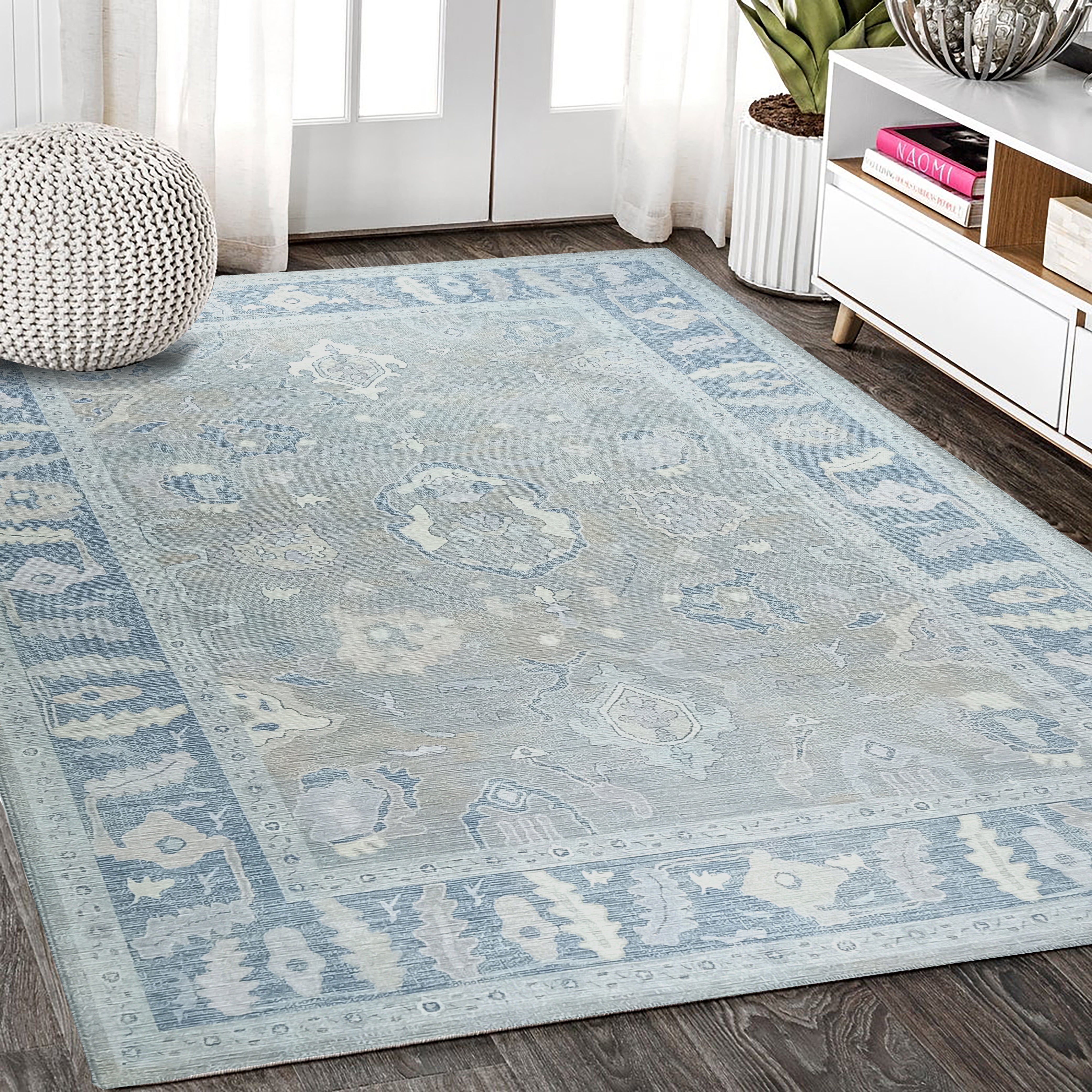 Oushak Gray Modern Rug, Shades of Grey & Distressed Blue Vintage Turkish Pastel Area Rugs, Oriental Antique style Luxury Living room Bedroom-famerugs-2&#39;x3&#39; ft 60x90cm-fame