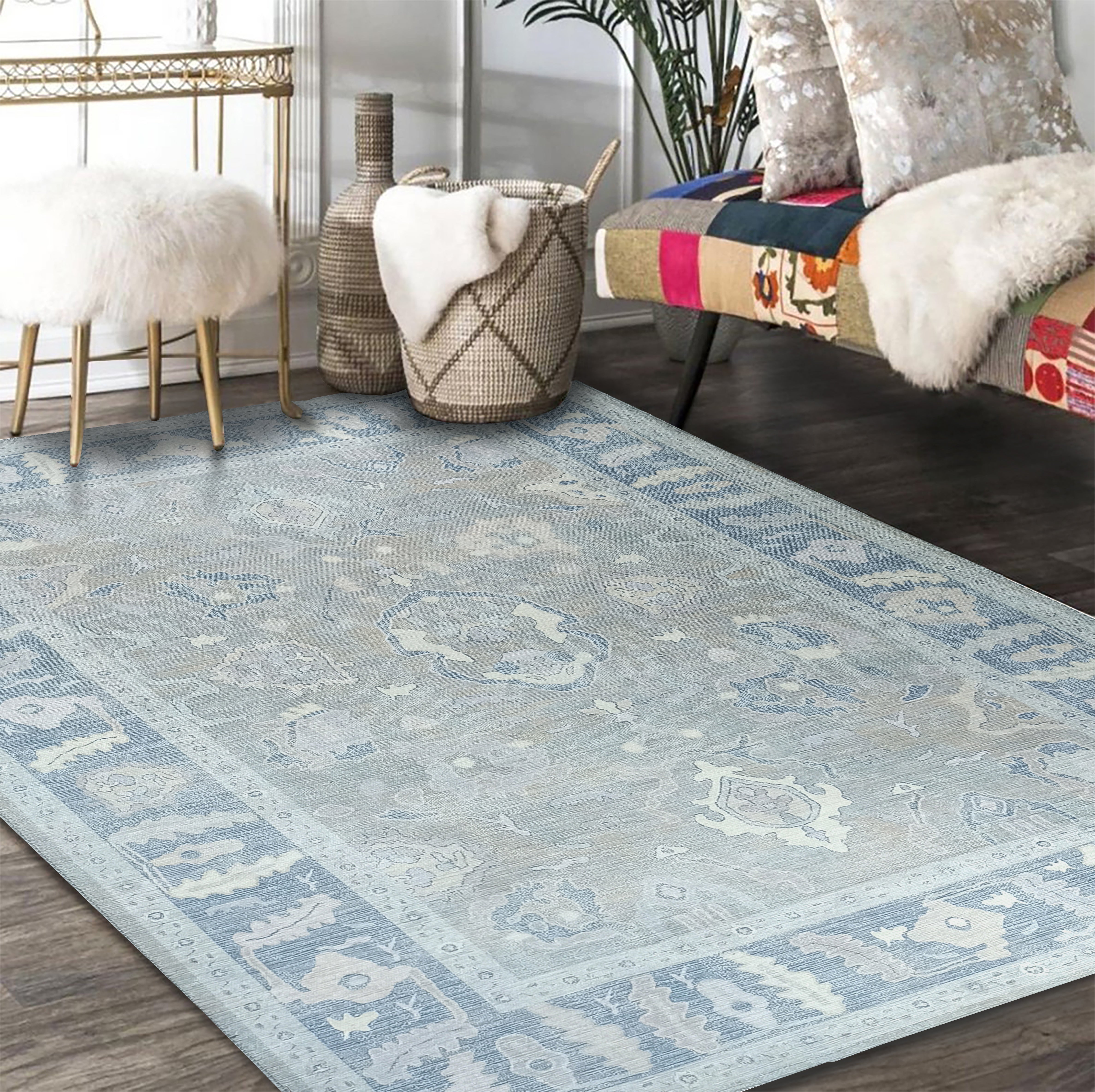 Oushak Gray Modern Rug, Shades of Grey & Distressed Blue Vintage Turkish Pastel Area Rugs, Oriental Antique style Luxury Living room Bedroom-famerugs-2&#39;x3&#39; ft 60x90cm-fame