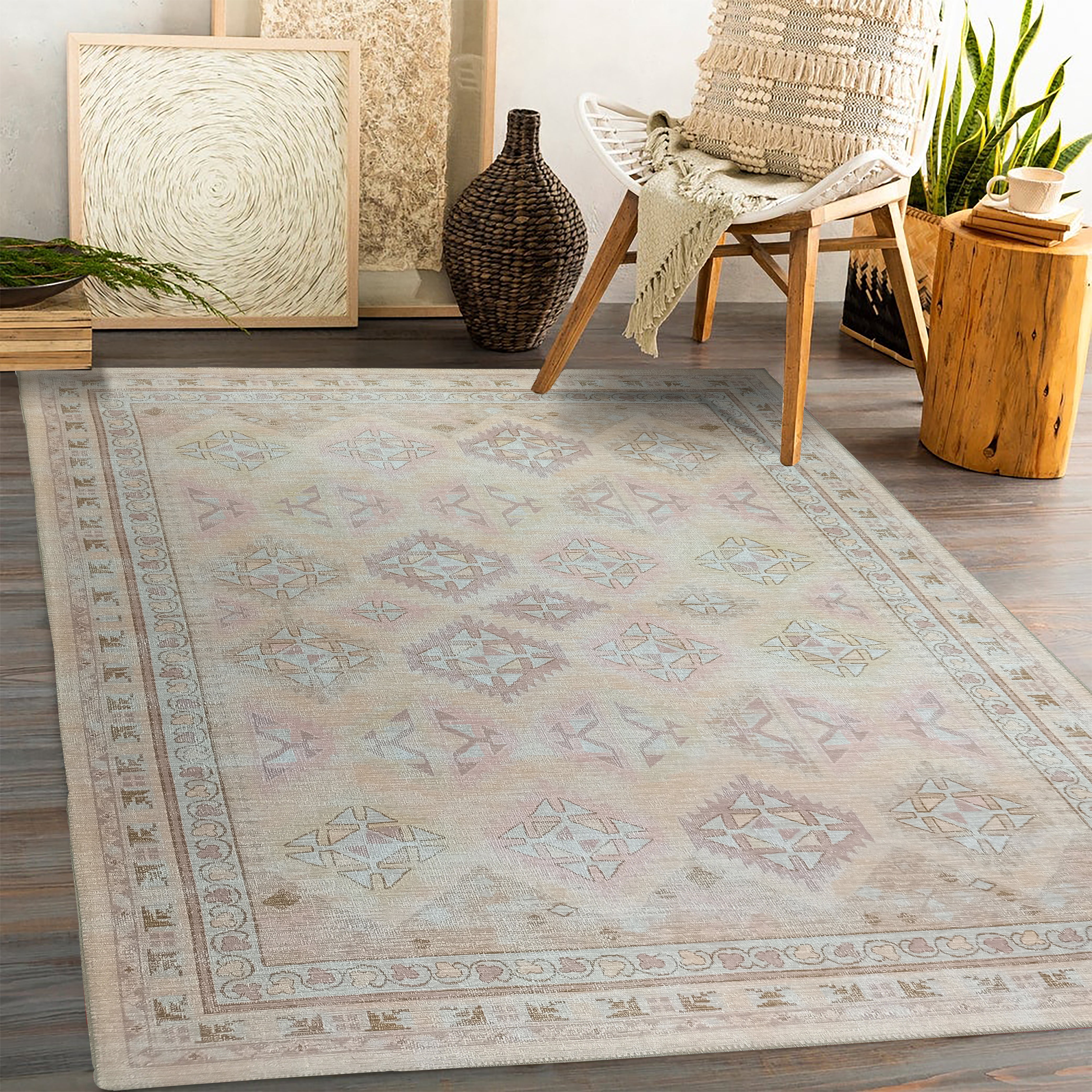 Pale Herki Vintage Rug, Shades of Orange & Beige Boho Luxury Oriental Geometric Diamond Pastel Turkish Area Rugs Living room Bedroom Hall-famerugs-2&#39;x3&#39; ft 60x90cm-fame