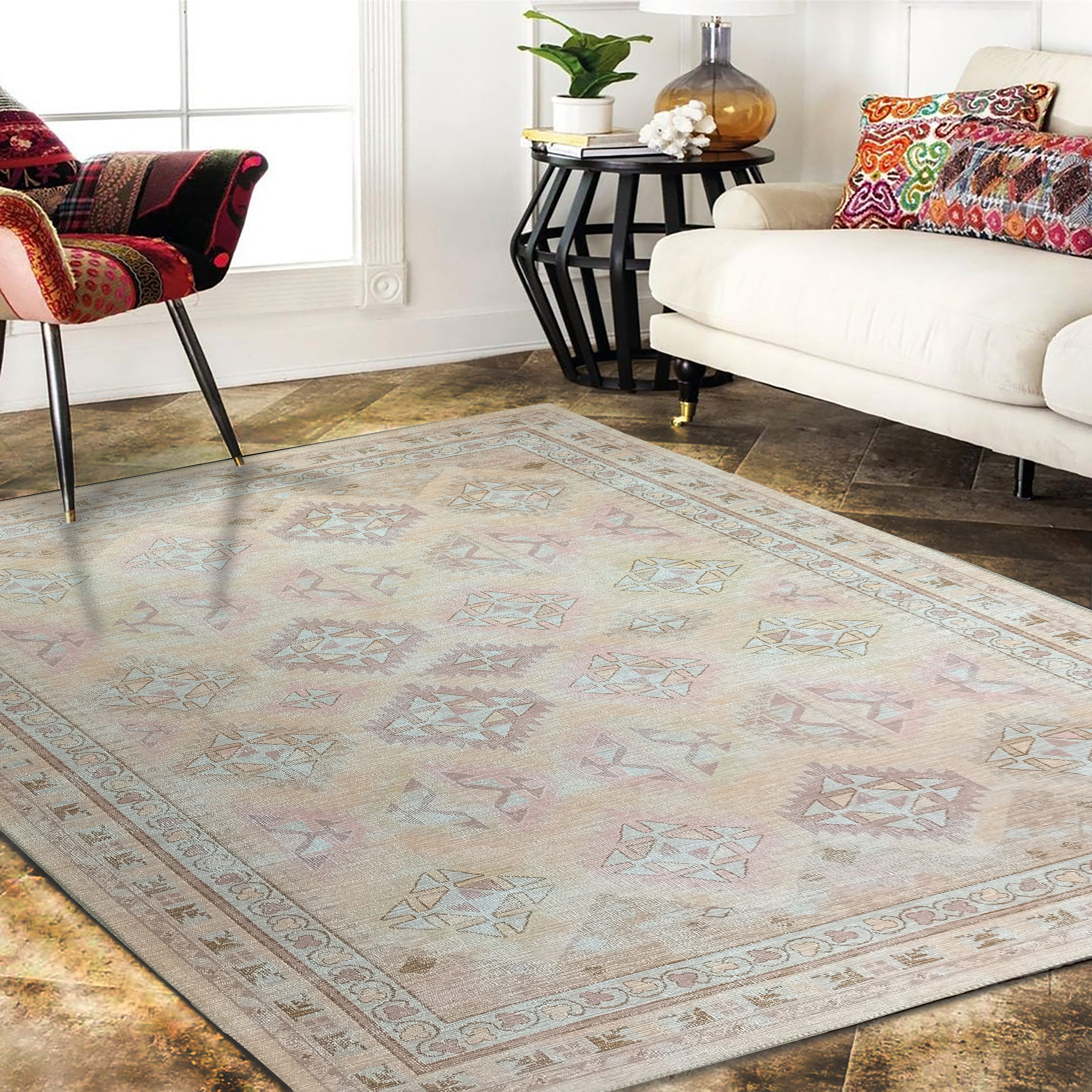 Pale Herki Vintage Rug, Shades of Orange & Beige Boho Luxury Oriental Geometric Diamond Pastel Turkish Area Rugs Living room Bedroom Hall-famerugs-2&#39;x3&#39; ft 60x90cm-fame