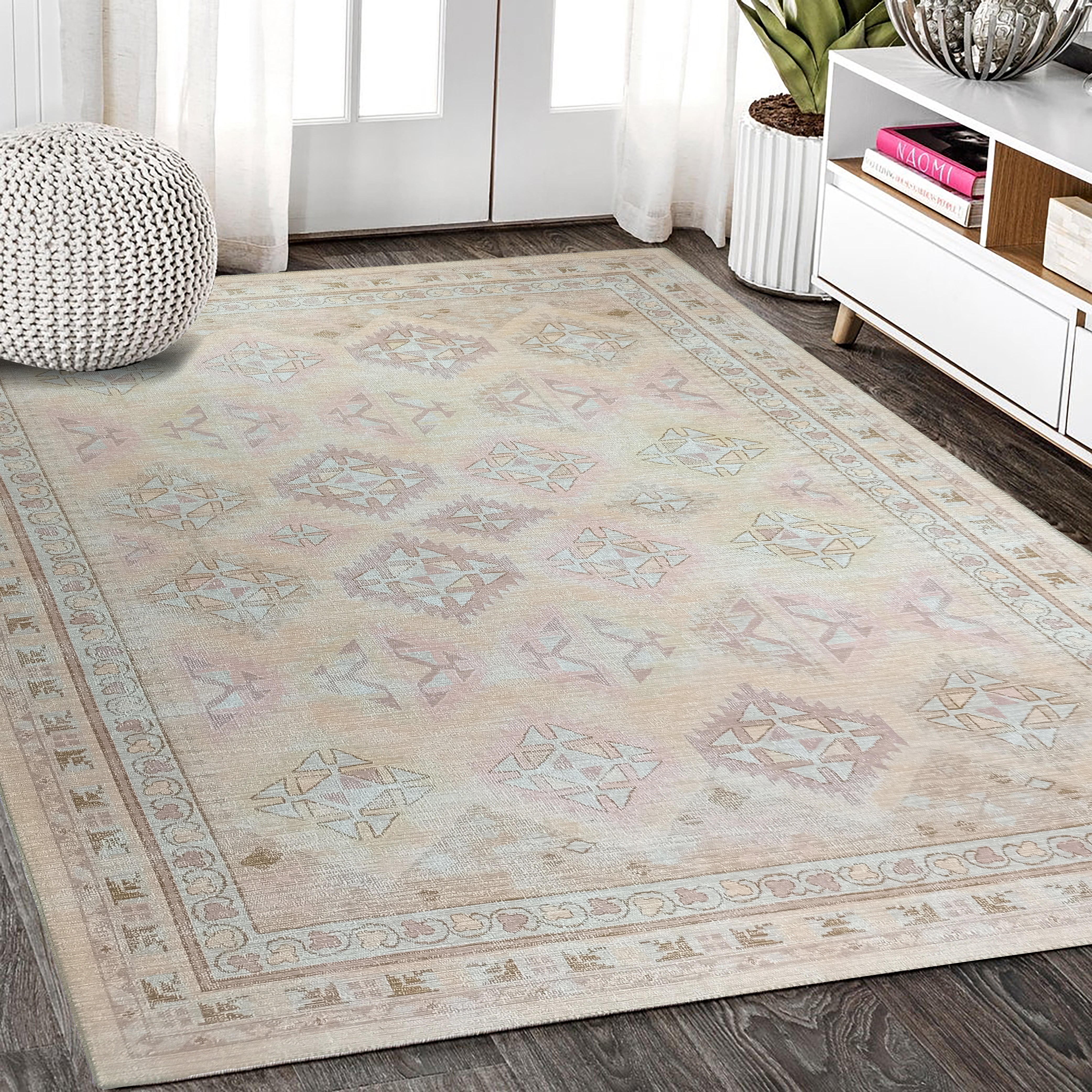 Pale Herki Vintage Rug, Shades of Orange & Beige Boho Luxury Oriental Geometric Diamond Pastel Turkish Area Rugs Living room Bedroom Hall-famerugs-2&#39;x3&#39; ft 60x90cm-fame