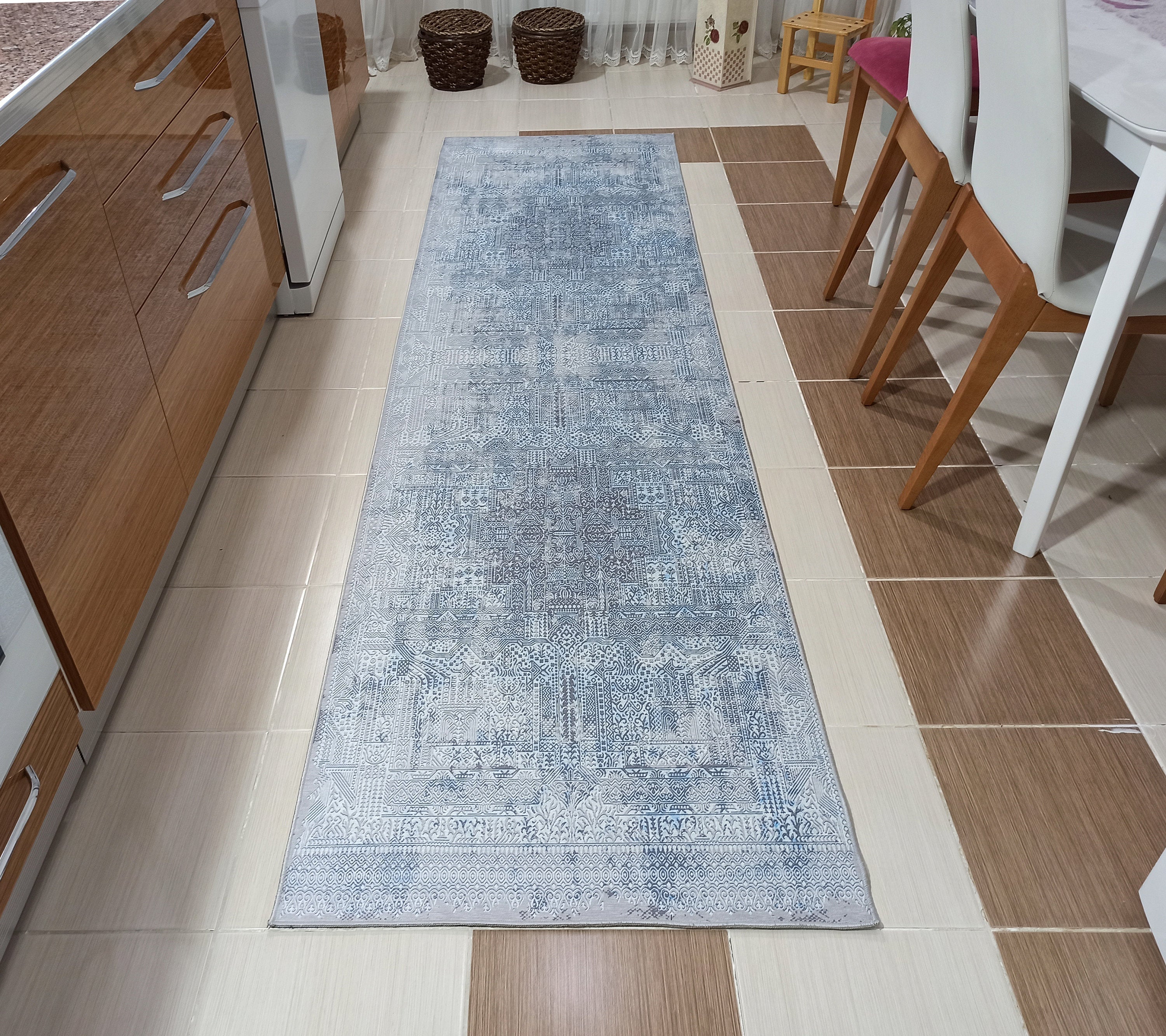 Pana Runner Turkish Distressed Gray Light Blue White Rug-Rugs-Fame Rugs-2'x3' ft 60x90 cm-fame