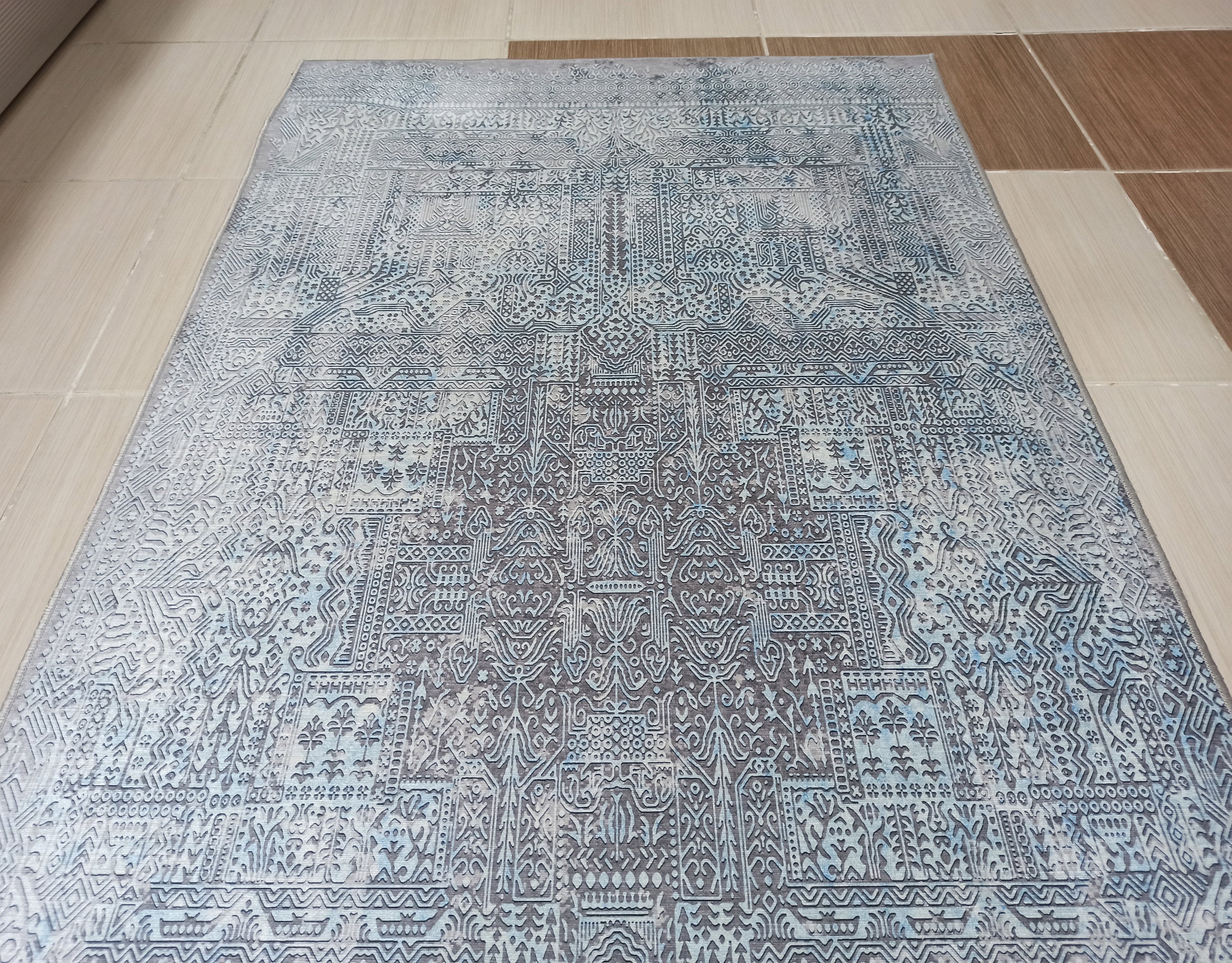 Pana Runner Turkish Distressed Gray Light Blue White Rug-Rugs-Fame Rugs-2'x3' ft 60x90 cm-fame