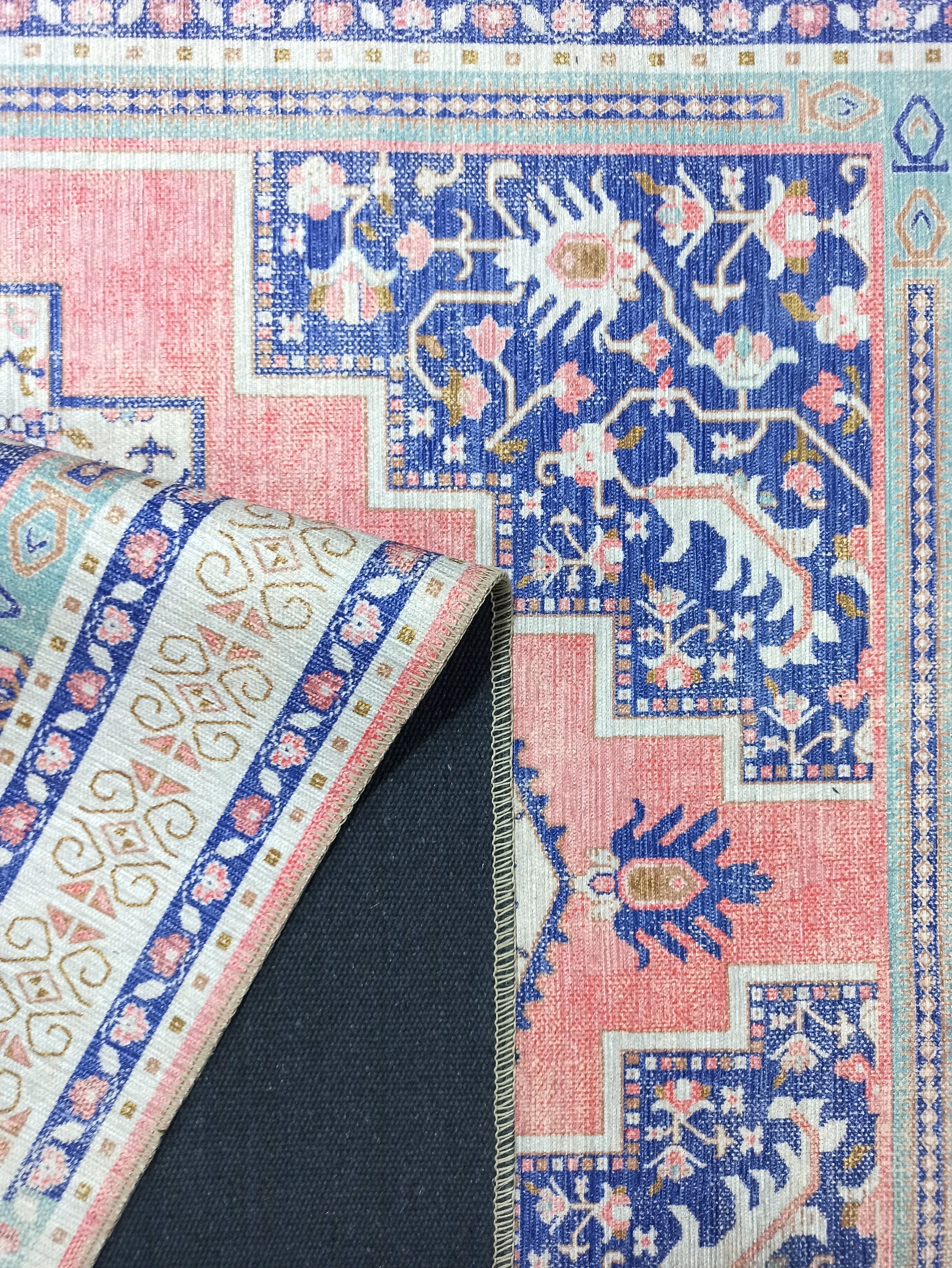 Persian Vintage Rug, Shades of Pale Pink & Midnight Navy Blue Oriental Antique Hamadan Inspired Shabby Chic Area Rugs Living room Bedroom-famerugs-2&#39;x3&#39; ft 60x90cm-fame