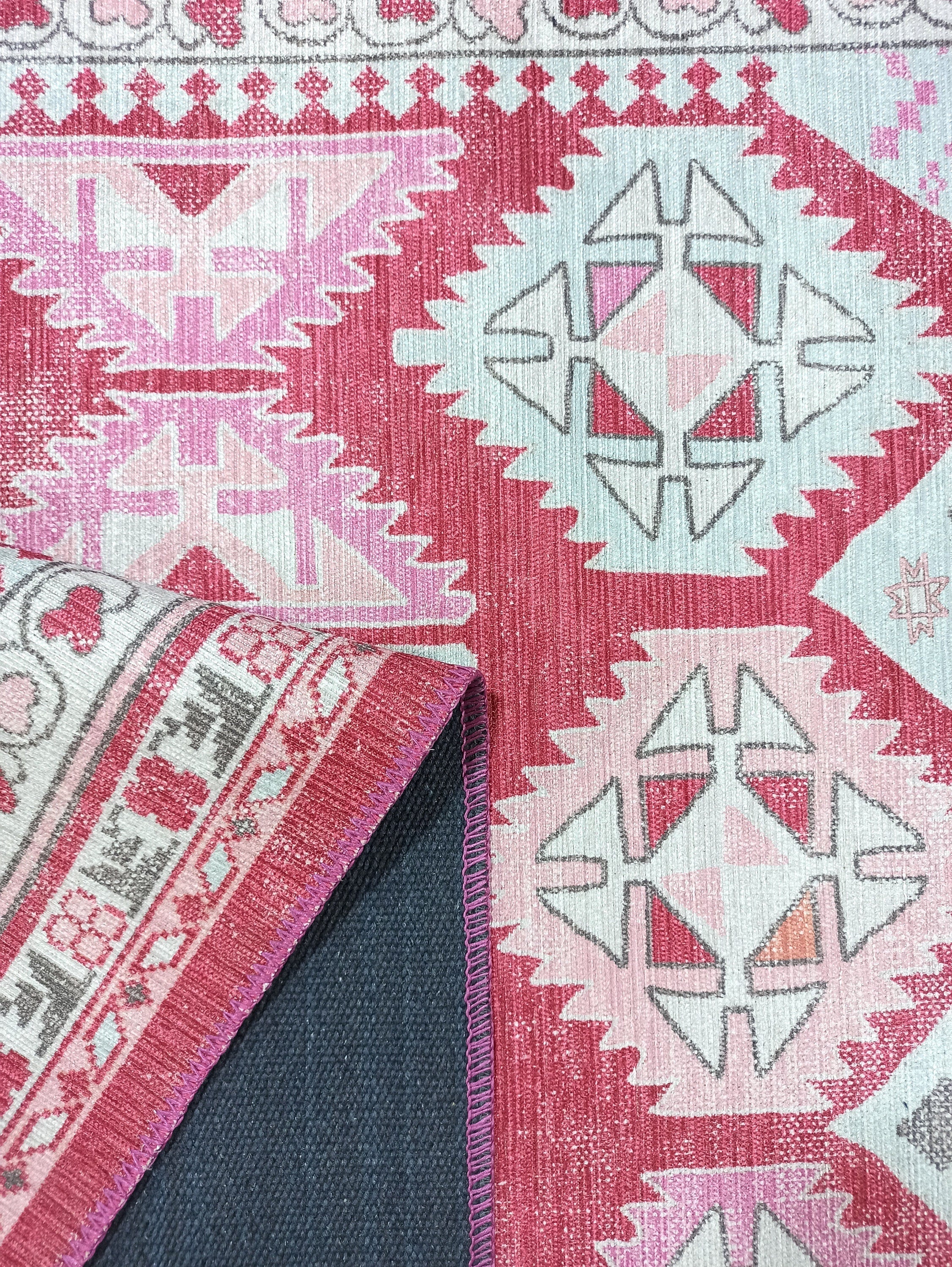 Pink Herki Vintage Rug, Shades of Rose Boho Luxury Oriental Geometric Diamond Pastel Turkish Inspired Area Rugs Living room Bedroom Hall-famerugs-2&#39;x3&#39; ft 60x90cm-fame