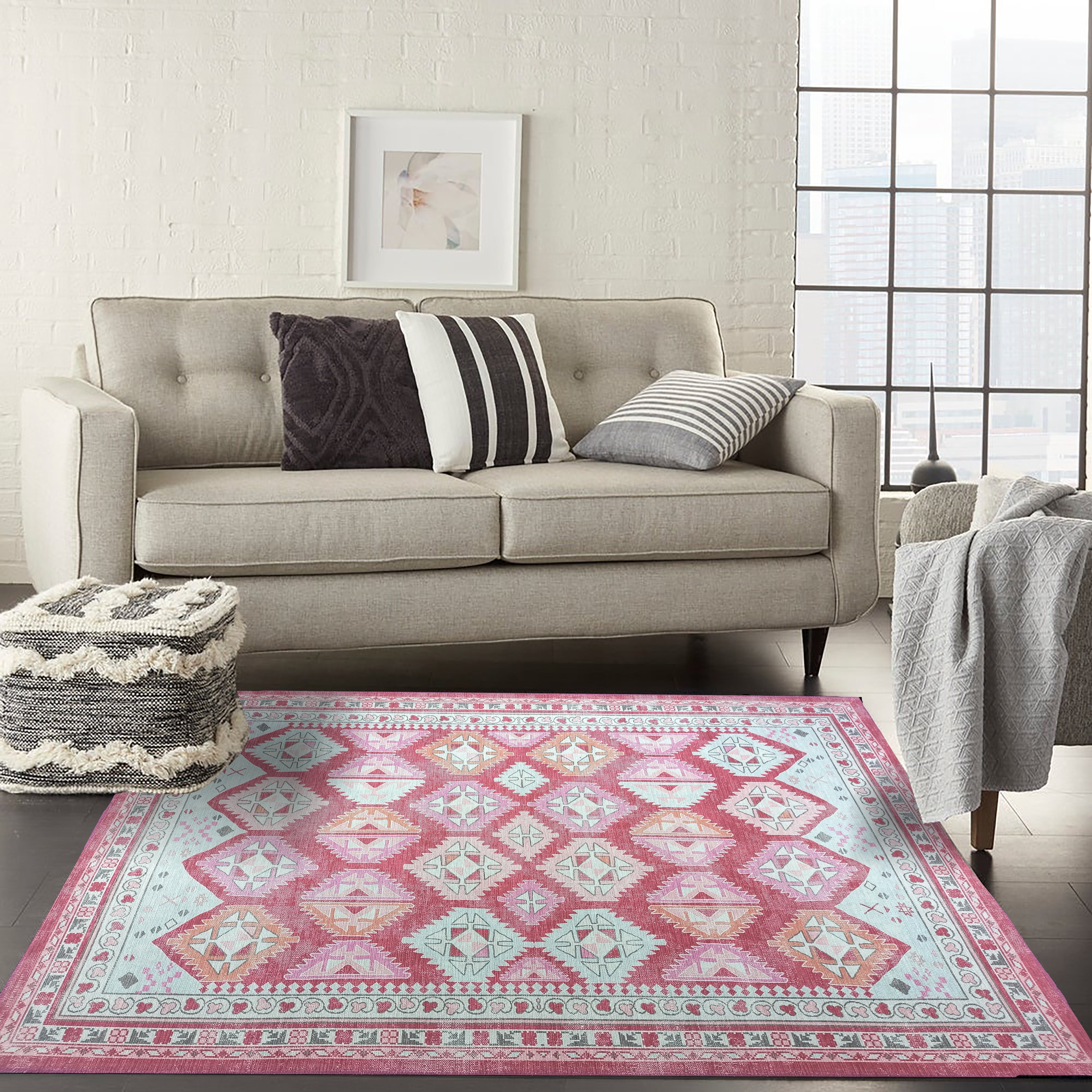 Pink Herki Vintage Rug, Shades of Rose Boho Luxury Oriental Geometric Diamond Pastel Turkish Inspired Area Rugs Living room Bedroom Hall-famerugs-2&#39;x3&#39; ft 60x90cm-fame