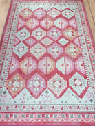 Pink Herki Vintage Rug, Shades of Rose Boho Luxury Oriental Geometric Diamond Pastel Turkish Inspired Area Rugs Living room Bedroom Hall-famerugs-2&#39;x3&#39; ft 60x90cm-fame