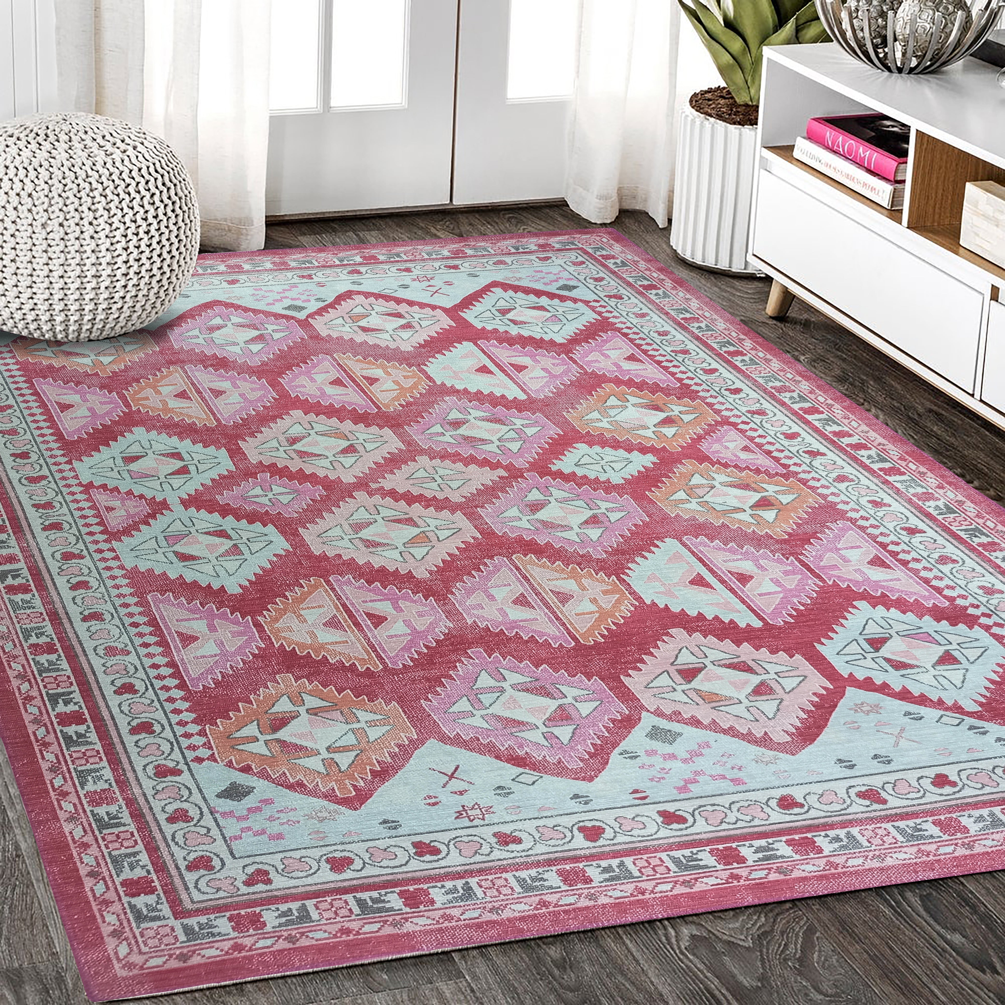 Pink Herki Vintage Rug, Shades of Rose Boho Luxury Oriental Geometric Diamond Pastel Turkish Inspired Area Rugs Living room Bedroom Hall-famerugs-2&#39;x3&#39; ft 60x90cm-fame