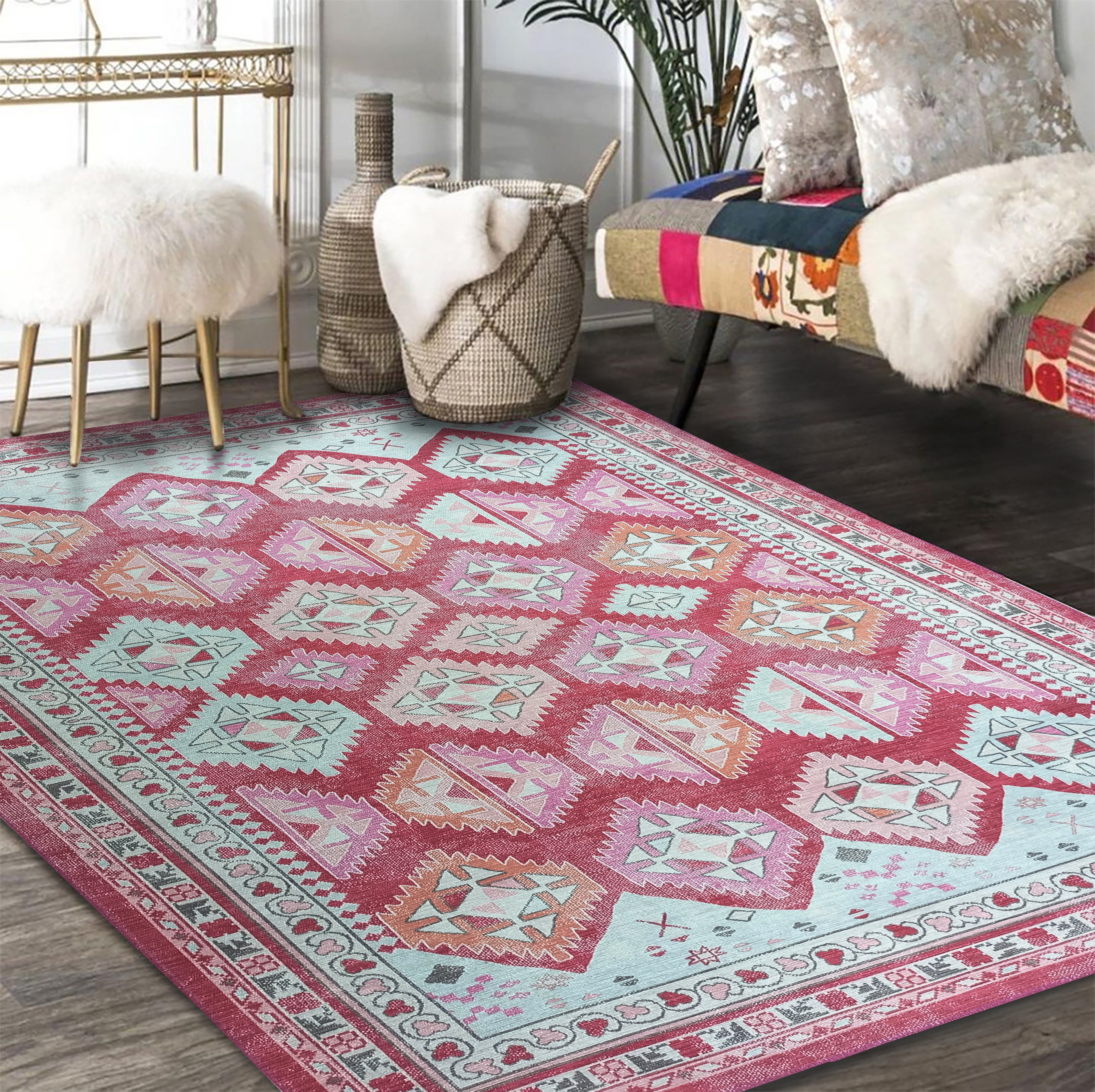 Pink Herki Vintage Rug, Shades of Rose Boho Luxury Oriental Geometric Diamond Pastel Turkish Inspired Area Rugs Living room Bedroom Hall-famerugs-2&#39;x3&#39; ft 60x90cm-fame