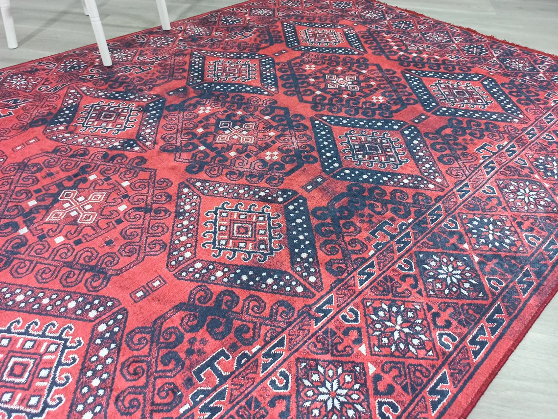 Ramsa Rug Red Navy Blue Turkish Area Rug-Rugs-Fame Rugs-2'x3'ft 60x90cm-fame