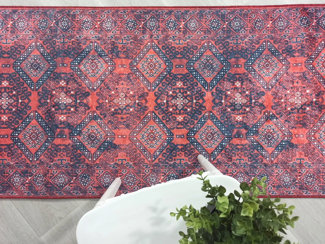 Ramsa Rug Red Navy Blue Turkish Area Rug-Rugs-Fame Rugs-2'x3'ft 60x90cm-fame