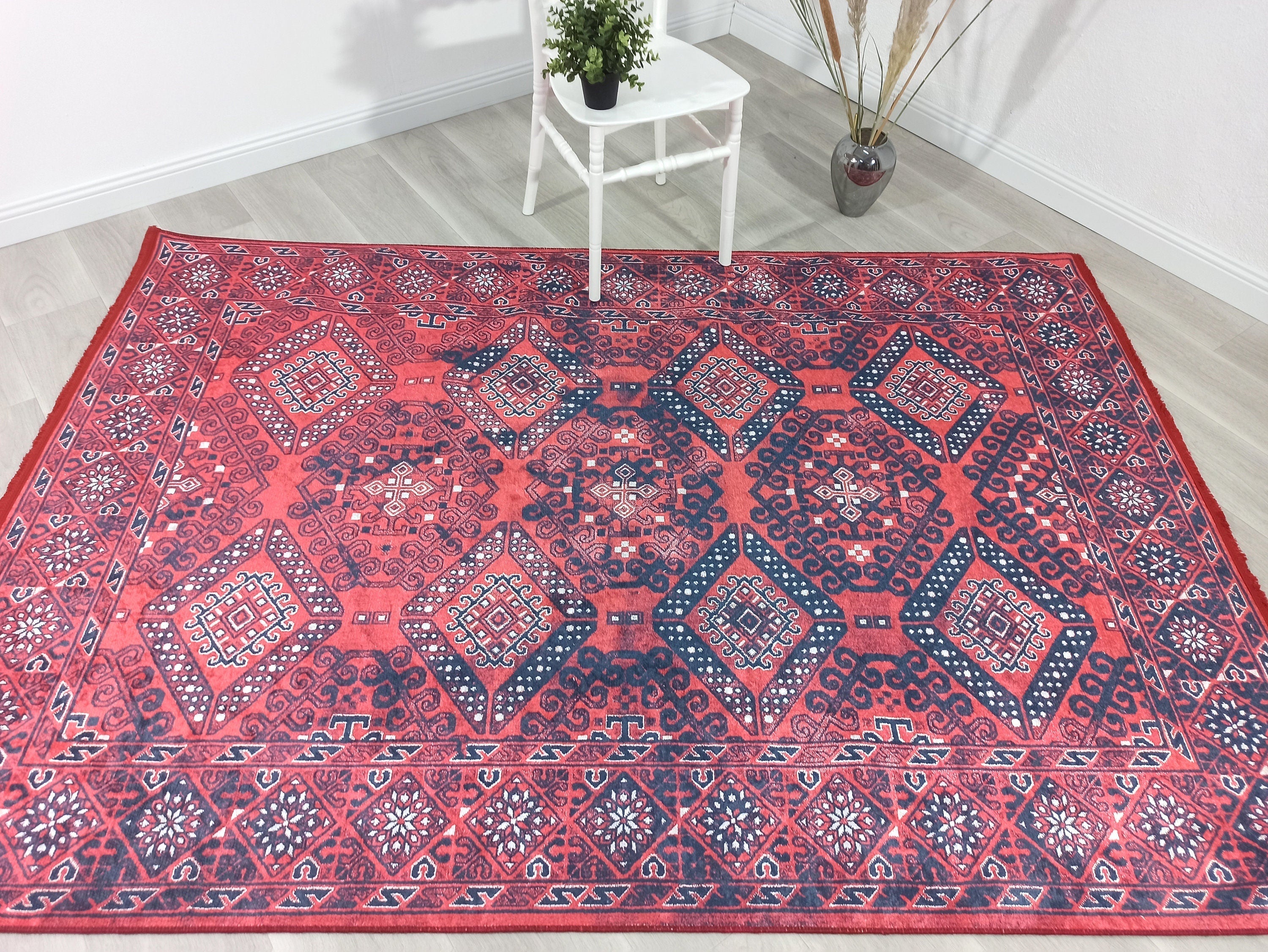 Ramsa Rug Red Navy Blue Turkish Area Rug-Rugs-Fame Rugs-2'x3'ft 60x90cm-fame