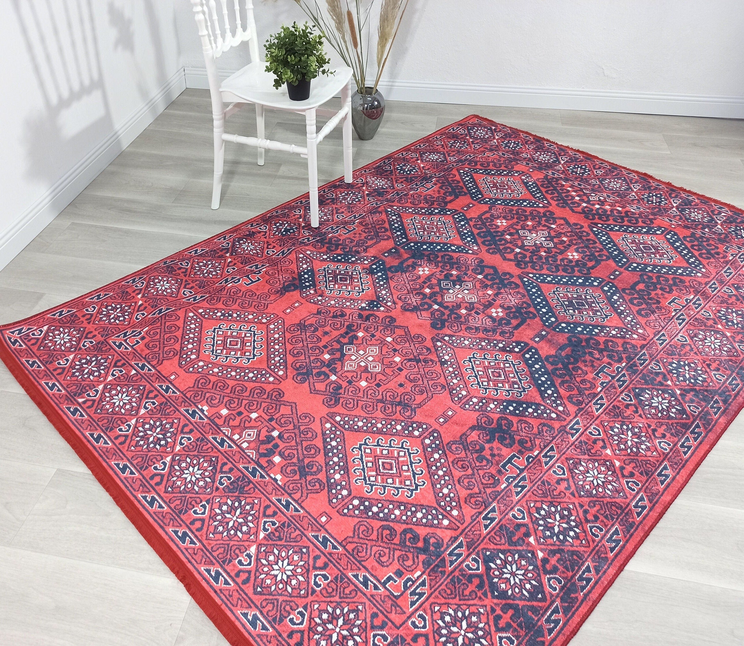 Ramsa Rug Red Navy Blue Turkish Area Rug-Rugs-Fame Rugs-2'x3'ft 60x90cm-fame