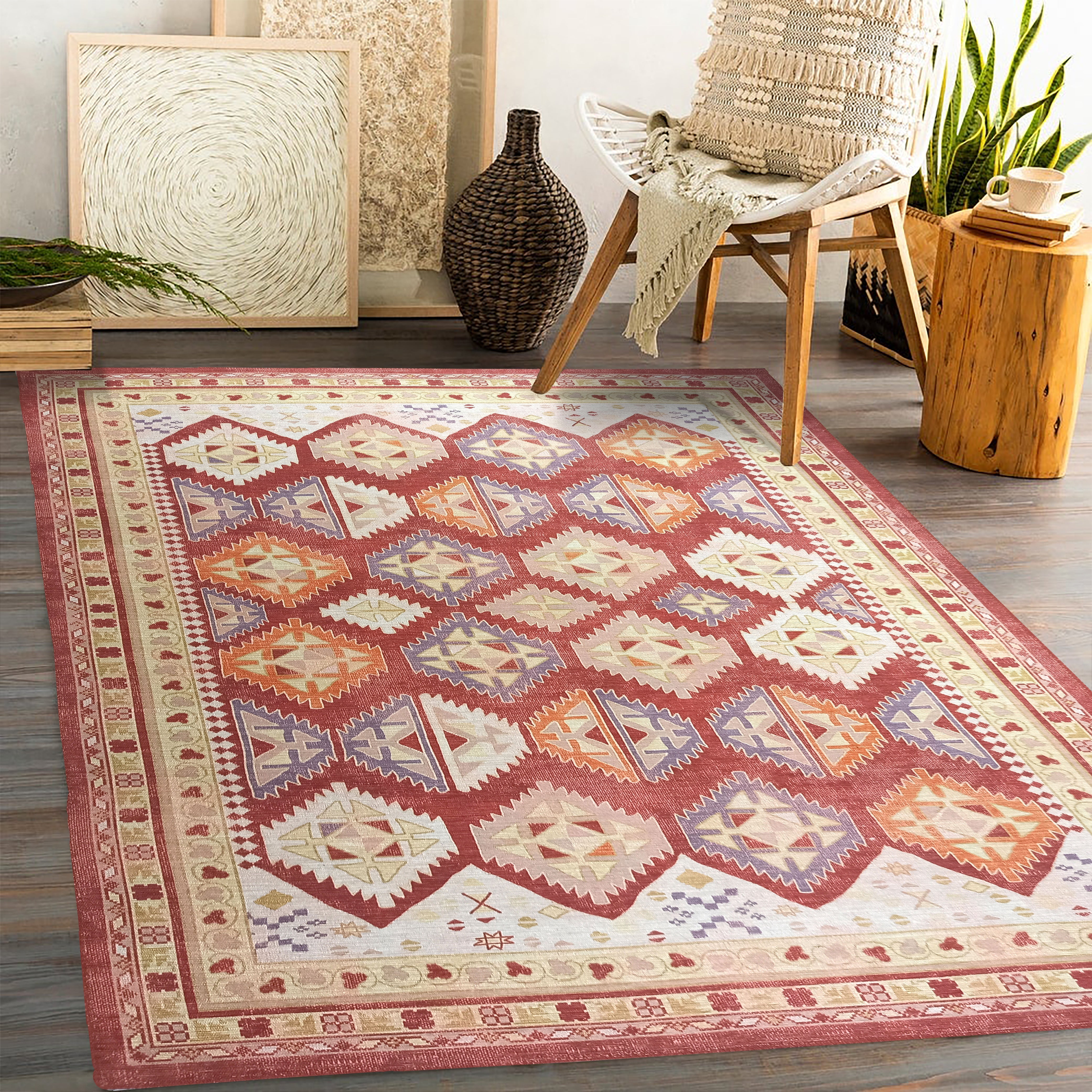 Red Herki Vintage Rug, Shades of Red Blush Boho Luxury Oriental Geometric Diamond Pastel Turkish Inspired Area Rugs Living room Bedroom Hall-famerugs-2&#39;x3&#39; ft 60x90cm-fame