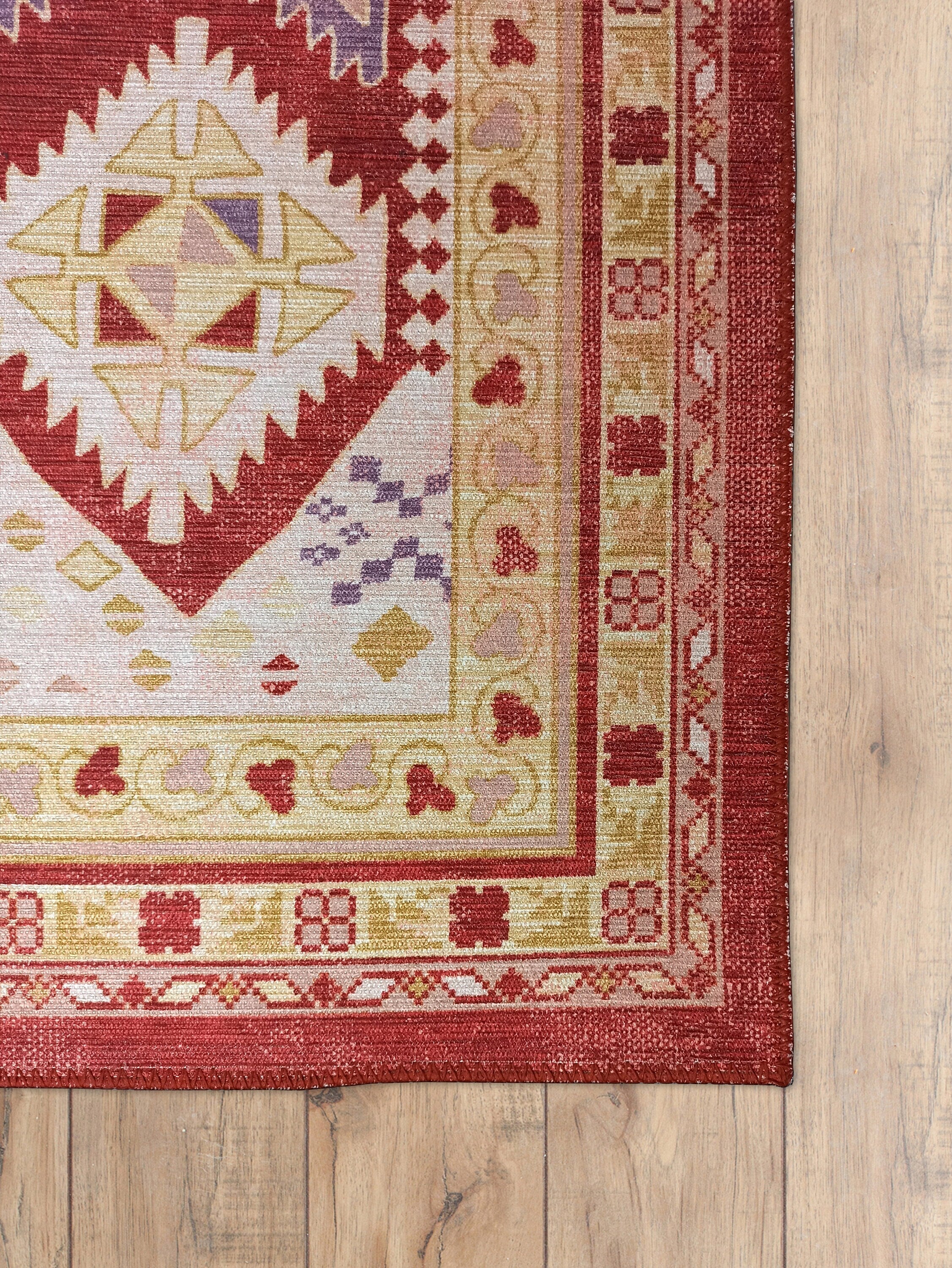 Red Herki Vintage Rug, Shades of Red Blush Boho Luxury Oriental Geometric Diamond Pastel Turkish Inspired Area Rugs Living room Bedroom Hall-famerugs-2&#39;x3&#39; ft 60x90cm-fame