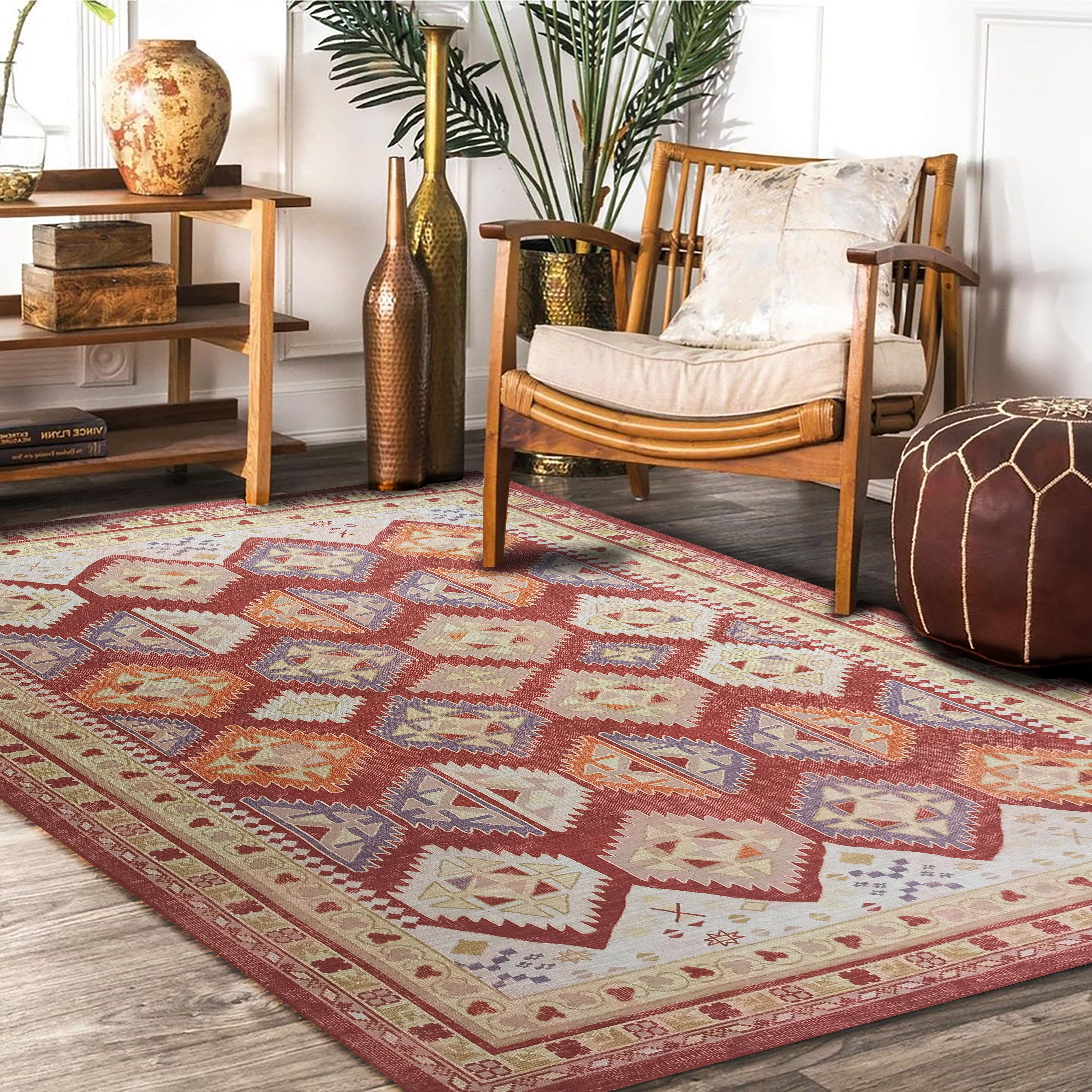 Red Herki Vintage Rug, Shades of Red Blush Boho Luxury Oriental Geometric Diamond Pastel Turkish Inspired Area Rugs Living room Bedroom Hall-famerugs-2&#39;x3&#39; ft 60x90cm-fame