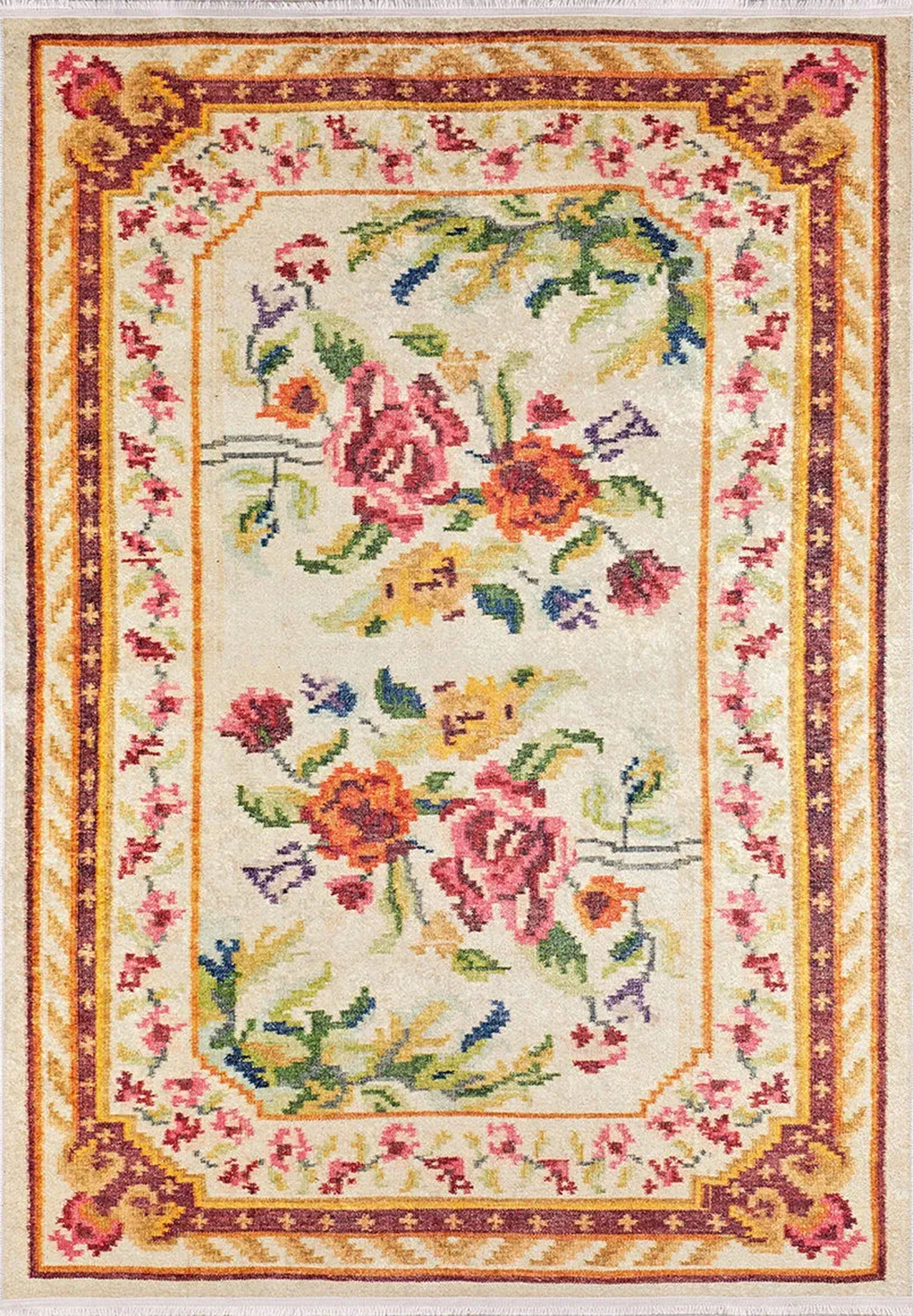 Rina Turkish Karabagh Beige Rug-Fame Rugs-2'x3'ft 60x90cm-fame