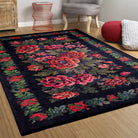 Rosia Rose Black Karabagh floral Kilim Rug-Fame Rugs-2'x3'ft 60x90cm-fame