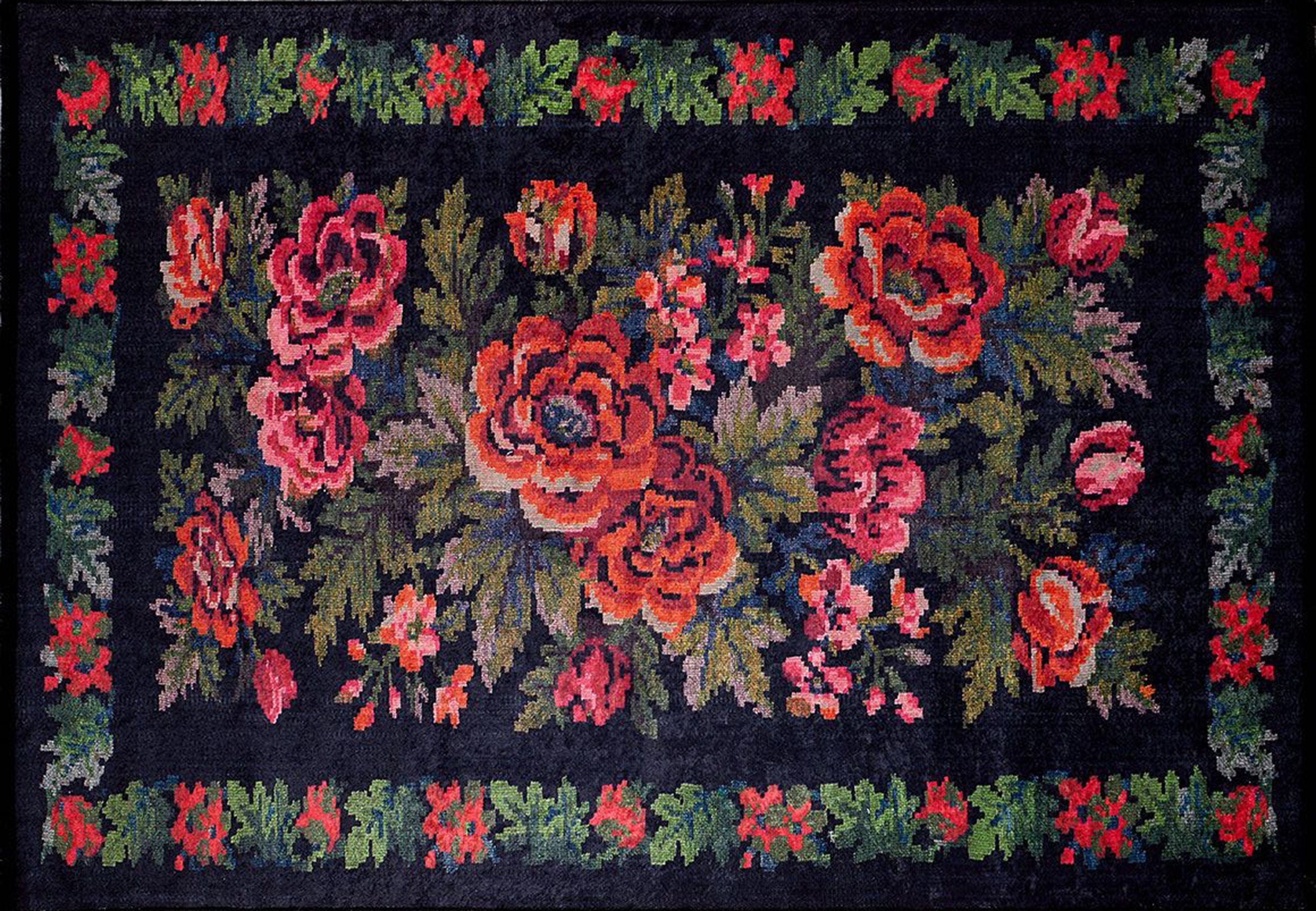 Rosia Rose Black Karabagh floral Kilim Rug-Fame Rugs-2'x3'ft 60x90cm-fame