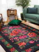 Rosia Rose Black Karabagh floral Kilim Rug-Fame Rugs-2'x3'ft 60x90cm-fame