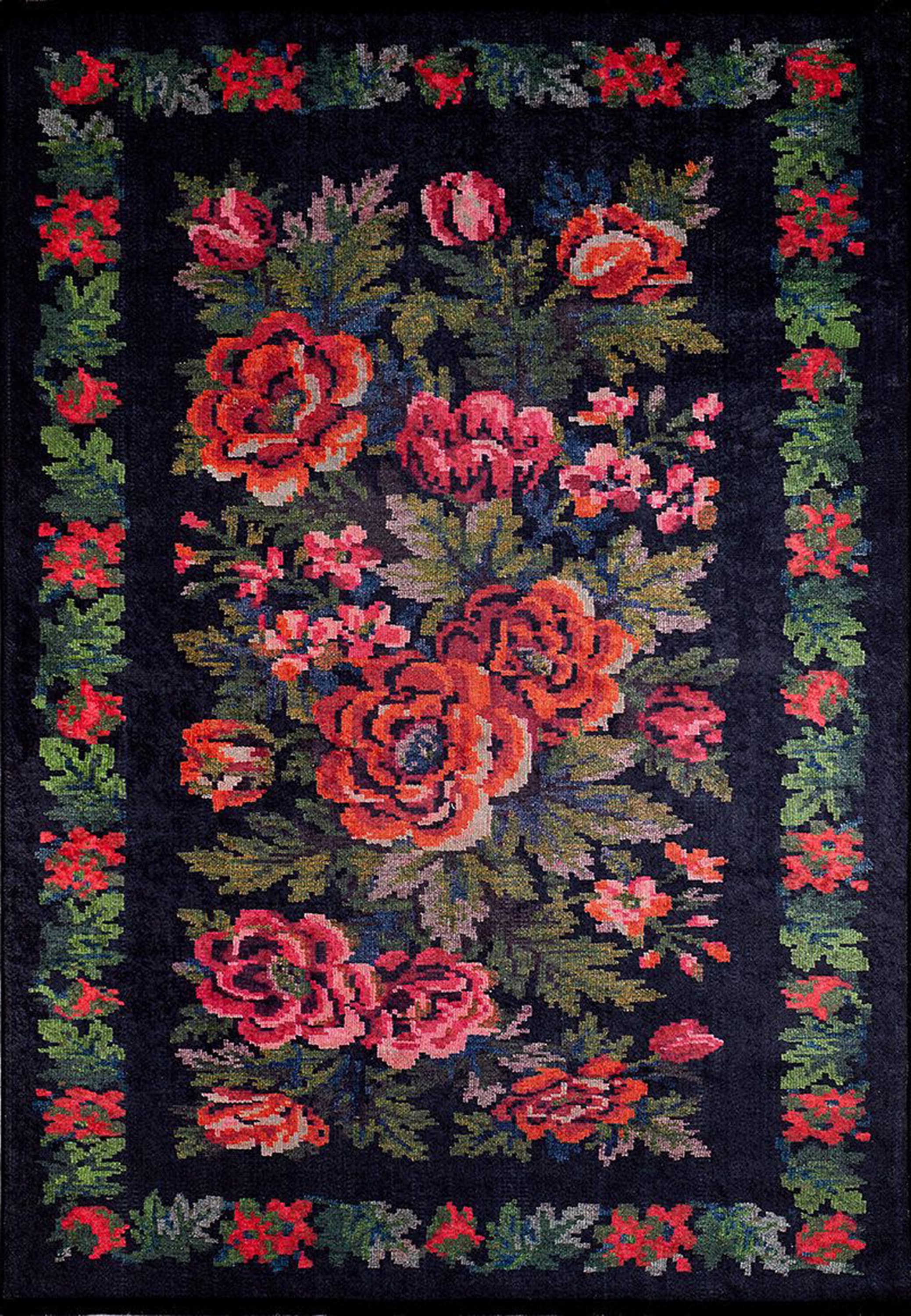 Rosia Rose Black Karabagh floral Kilim Rug-Fame Rugs-2'x3'ft 60x90cm-fame