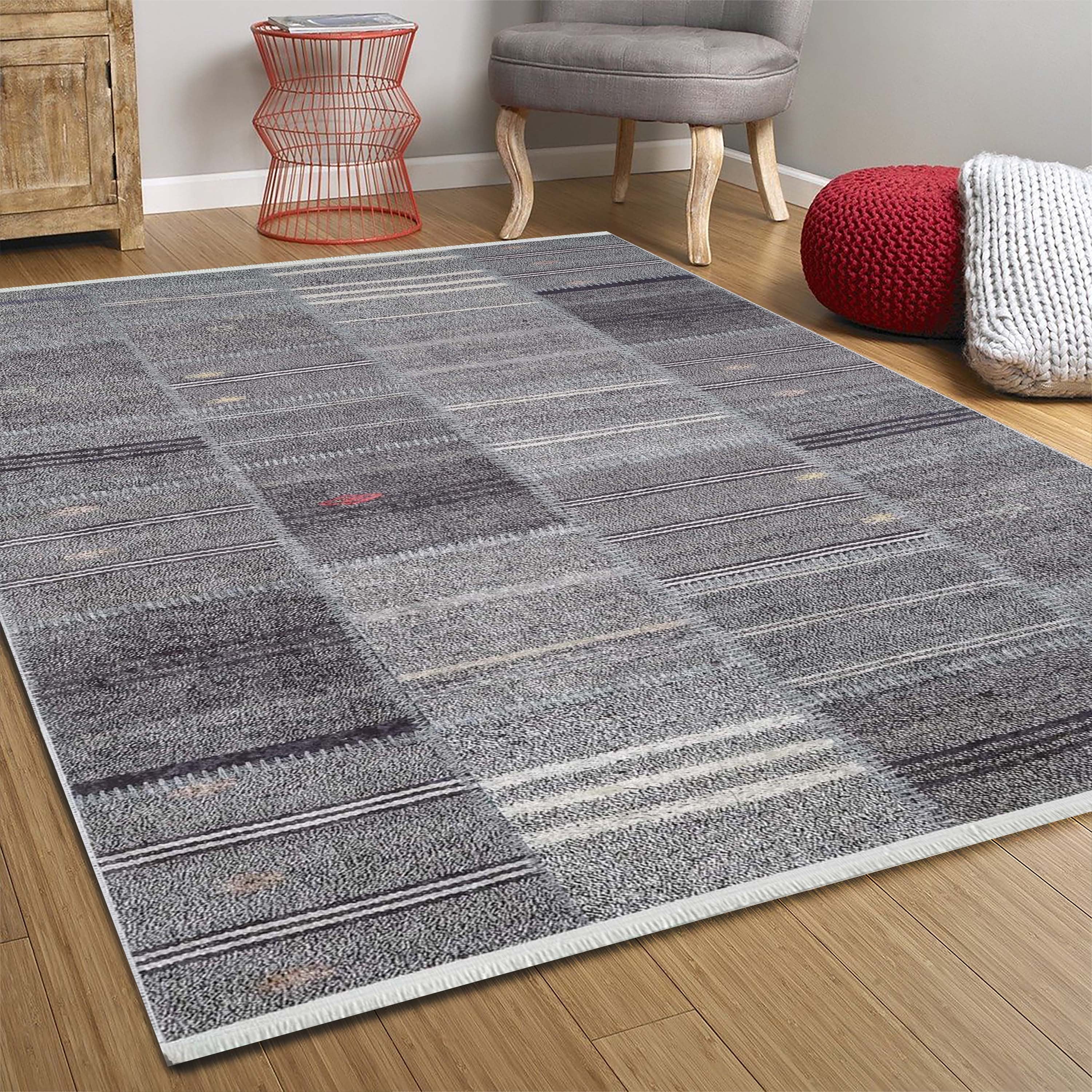 Saada Turkish Kilim Gray Solid Striped Rug-Fame Rugs-2'x3'ft 60x90cm-fame