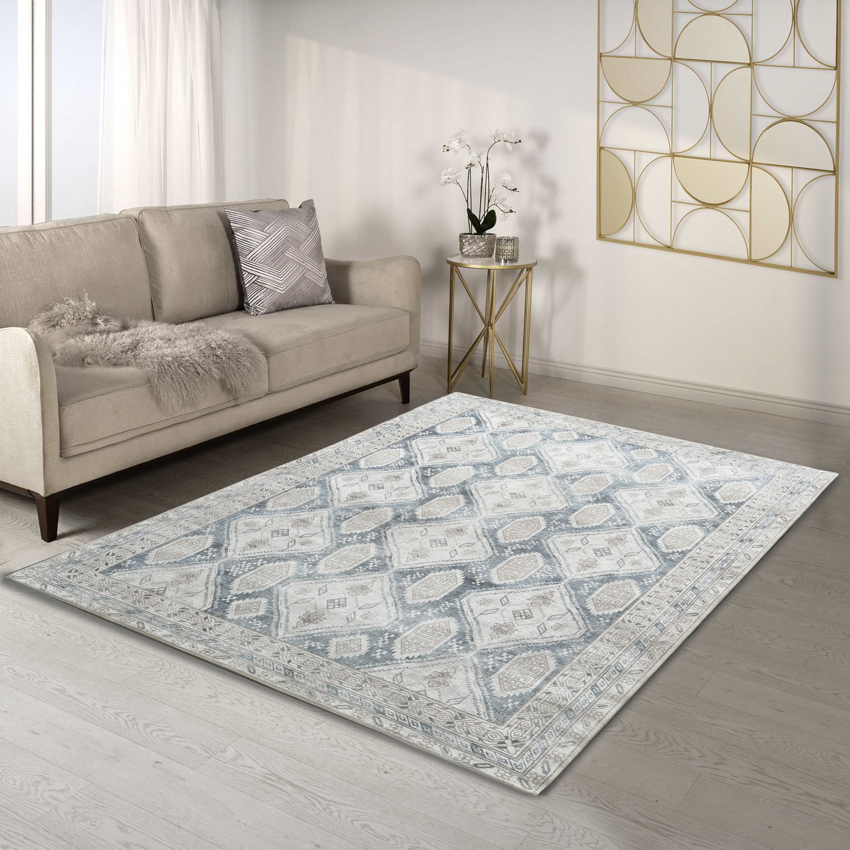 Samara Cream Blue Distressed Turkish Rug-Area Rugs-famerugs-2'x3' ft 60x90 cm-fame