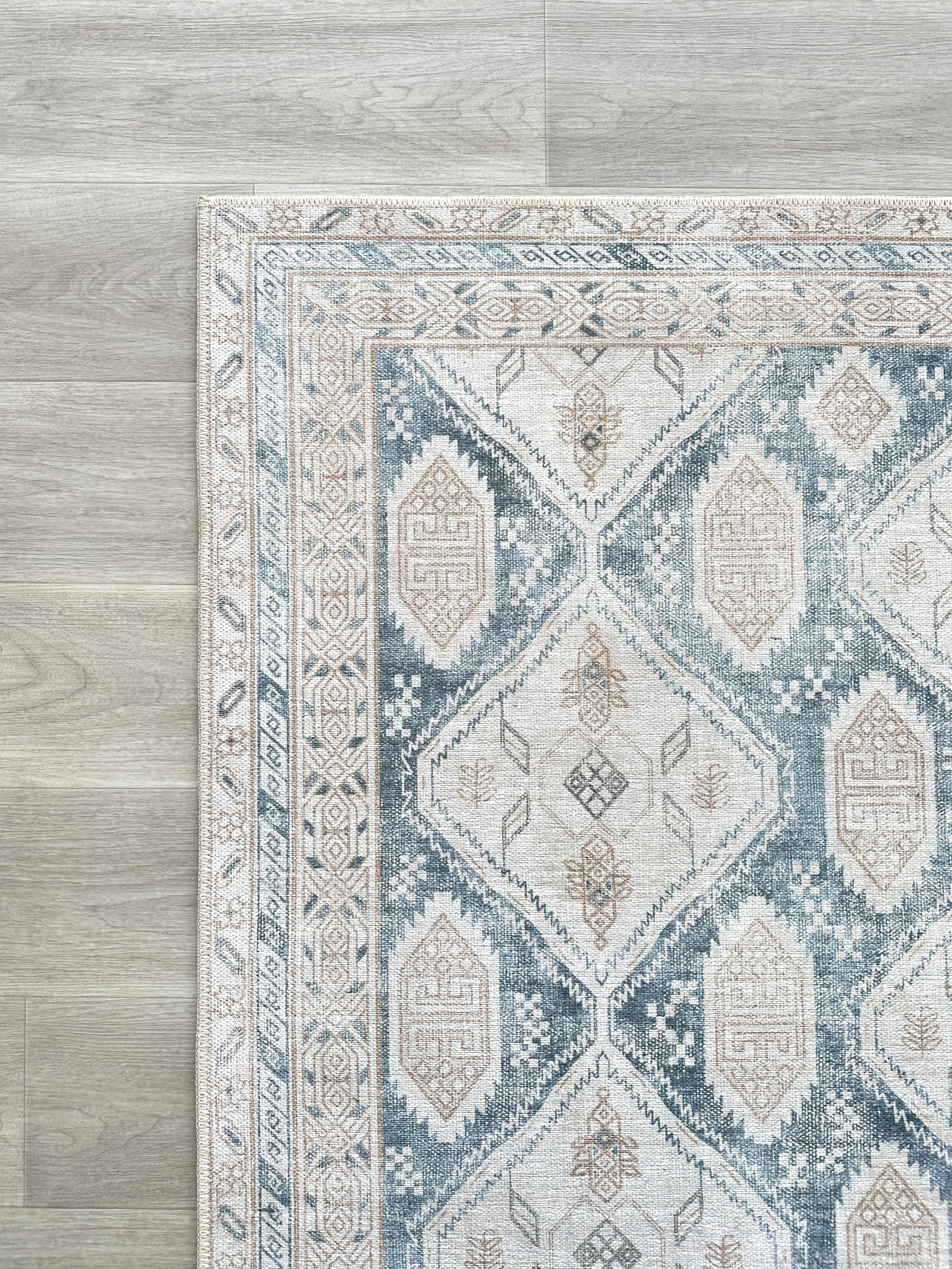 Samara Cream Blue Distressed Turkish Rug-Area Rugs-famerugs-2'x3' ft 60x90 cm-fame