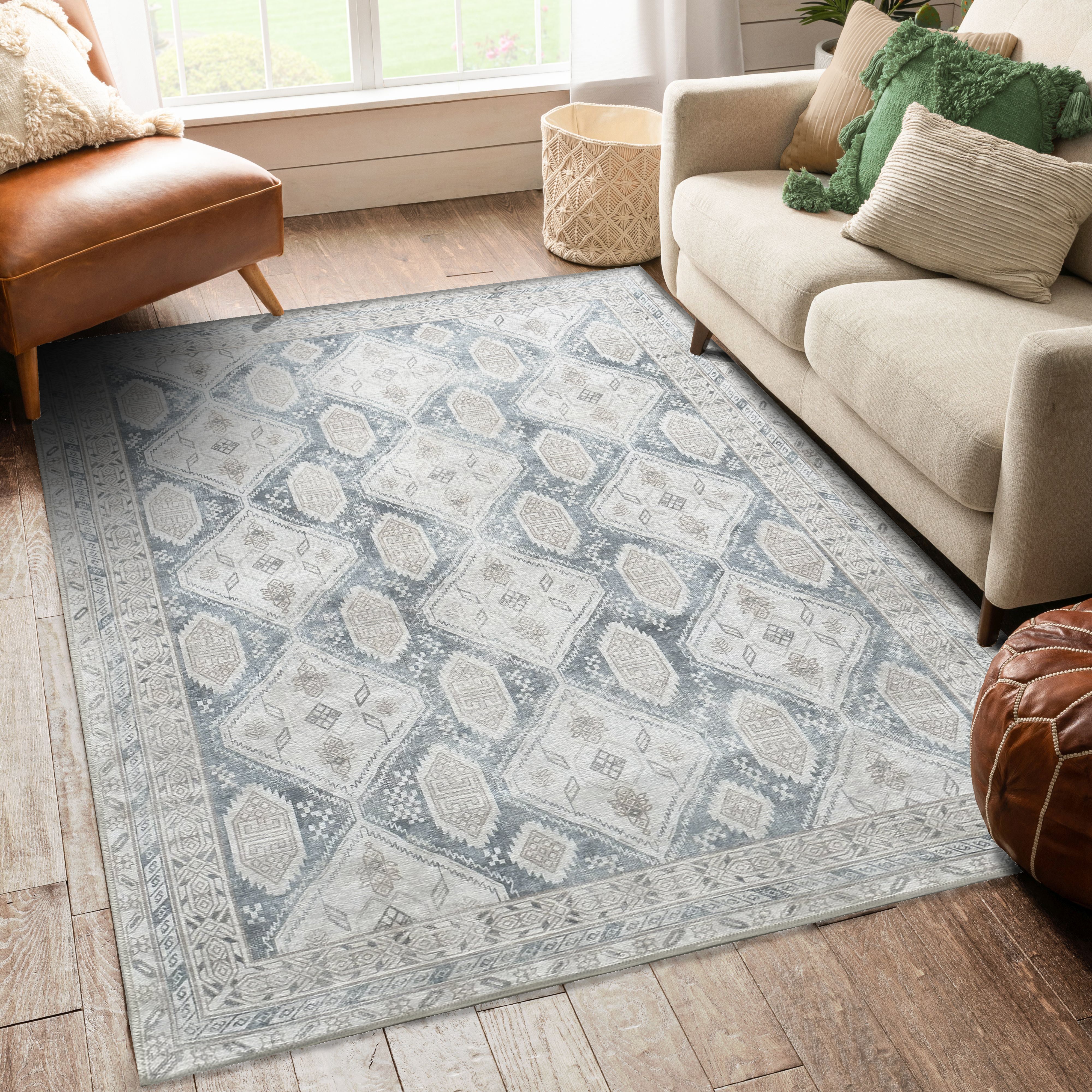 Samara Cream Blue Distressed Turkish Rug-Area Rugs-famerugs-2'x3' ft 60x90 cm-fame