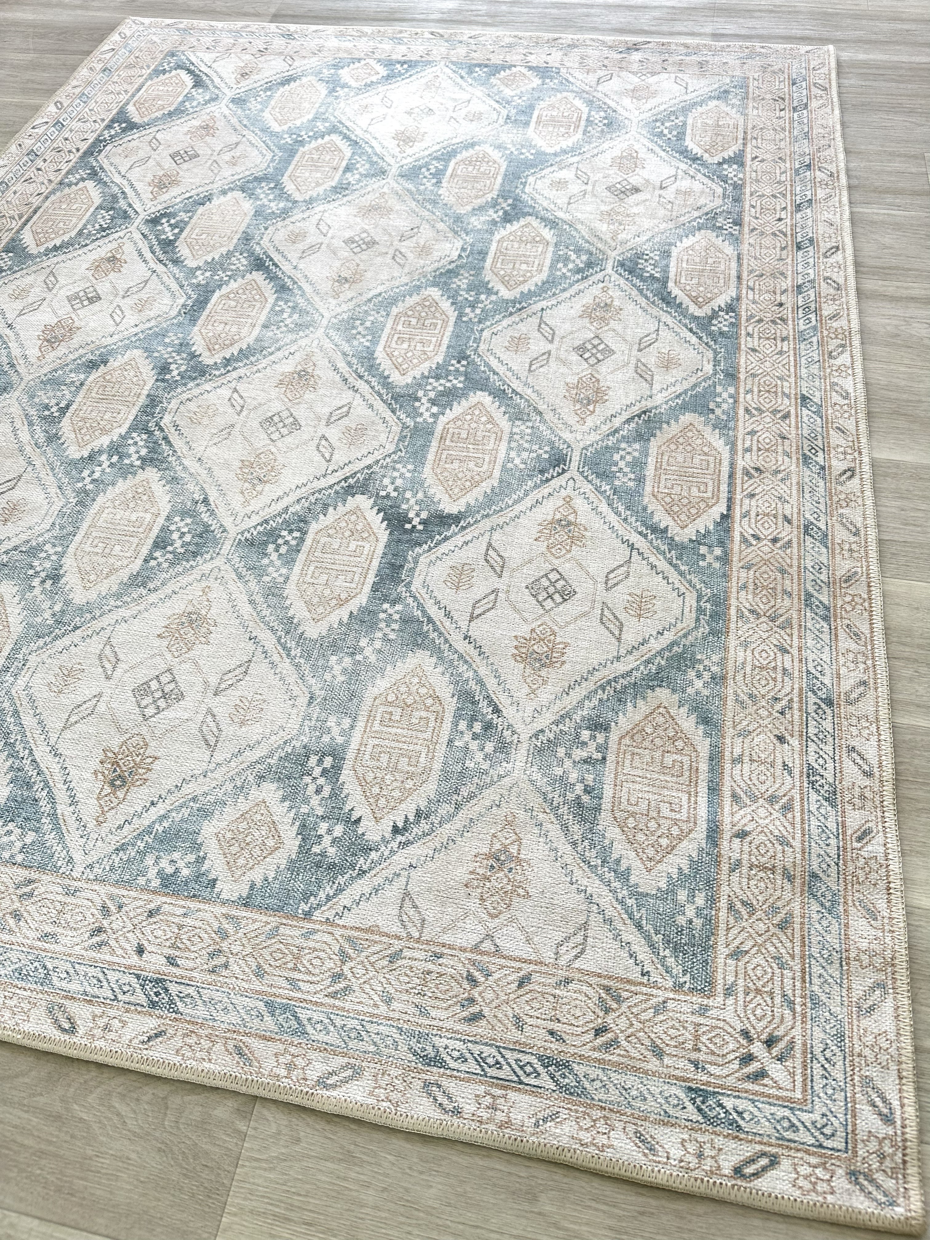 Samara Cream Blue Distressed Turkish Rug-Area Rugs-famerugs-2'x3' ft 60x90 cm-fame