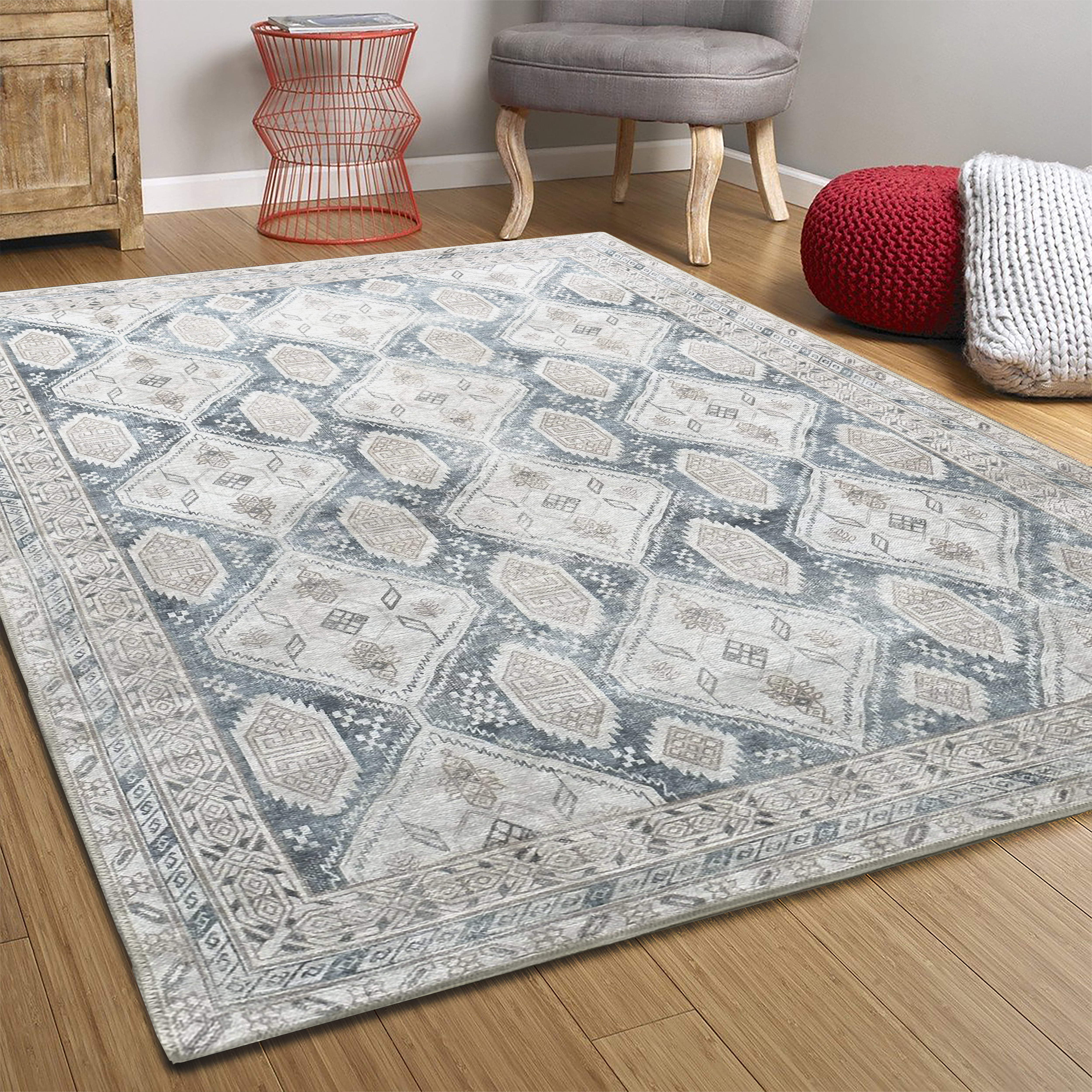 Samara Cream Blue Distressed Turkish Rug-Area Rugs-famerugs-2'x3' ft 60x90 cm-fame