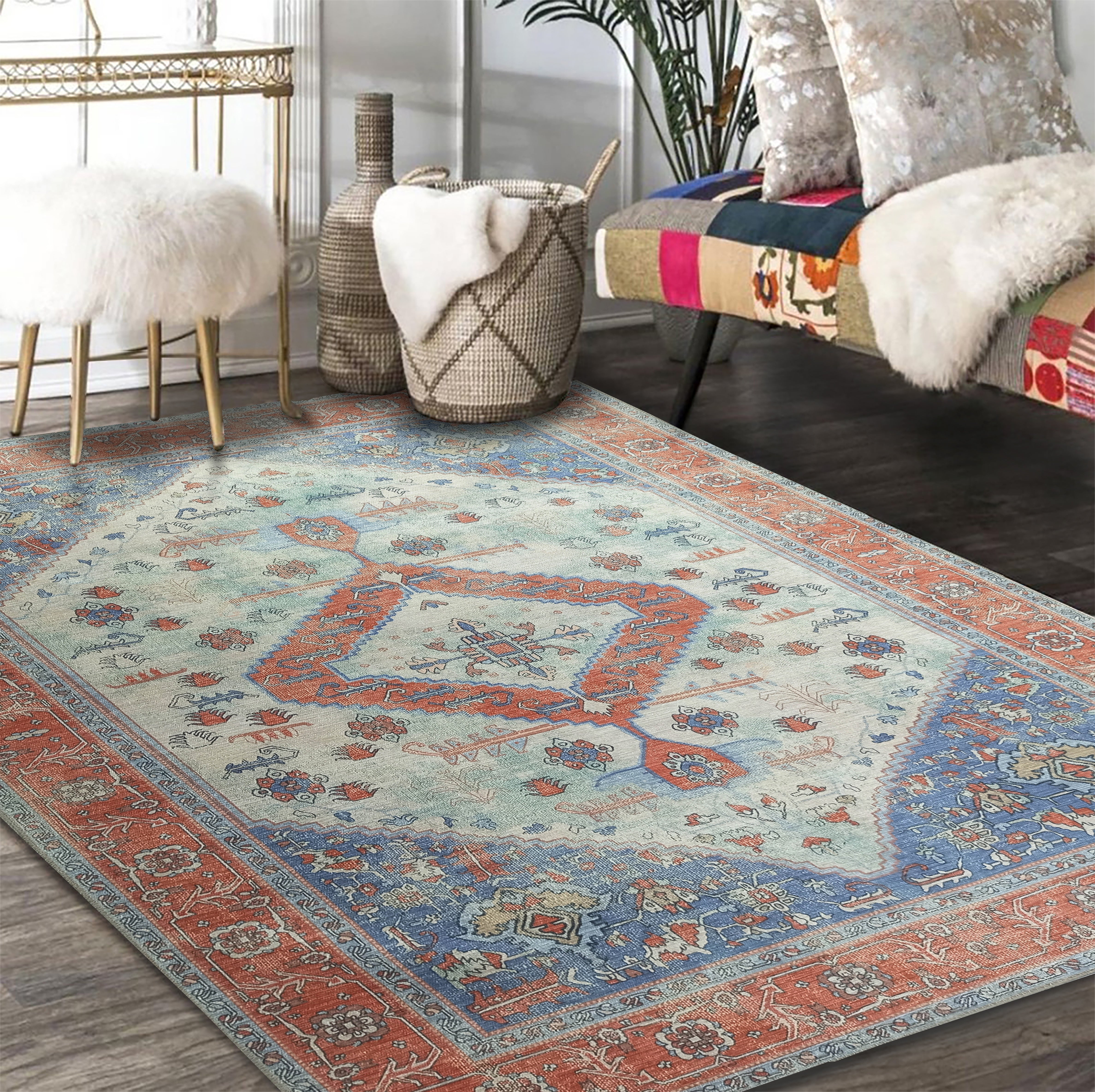 Serapi Antique Persian Rug, Shades of Brunt Orange with a touch of Blue Modern Oriental Vintage Inspired Area Rugs Living room Bedroom Hall-famerugs-2&#39;x3&#39; ft 60x90cm-fame