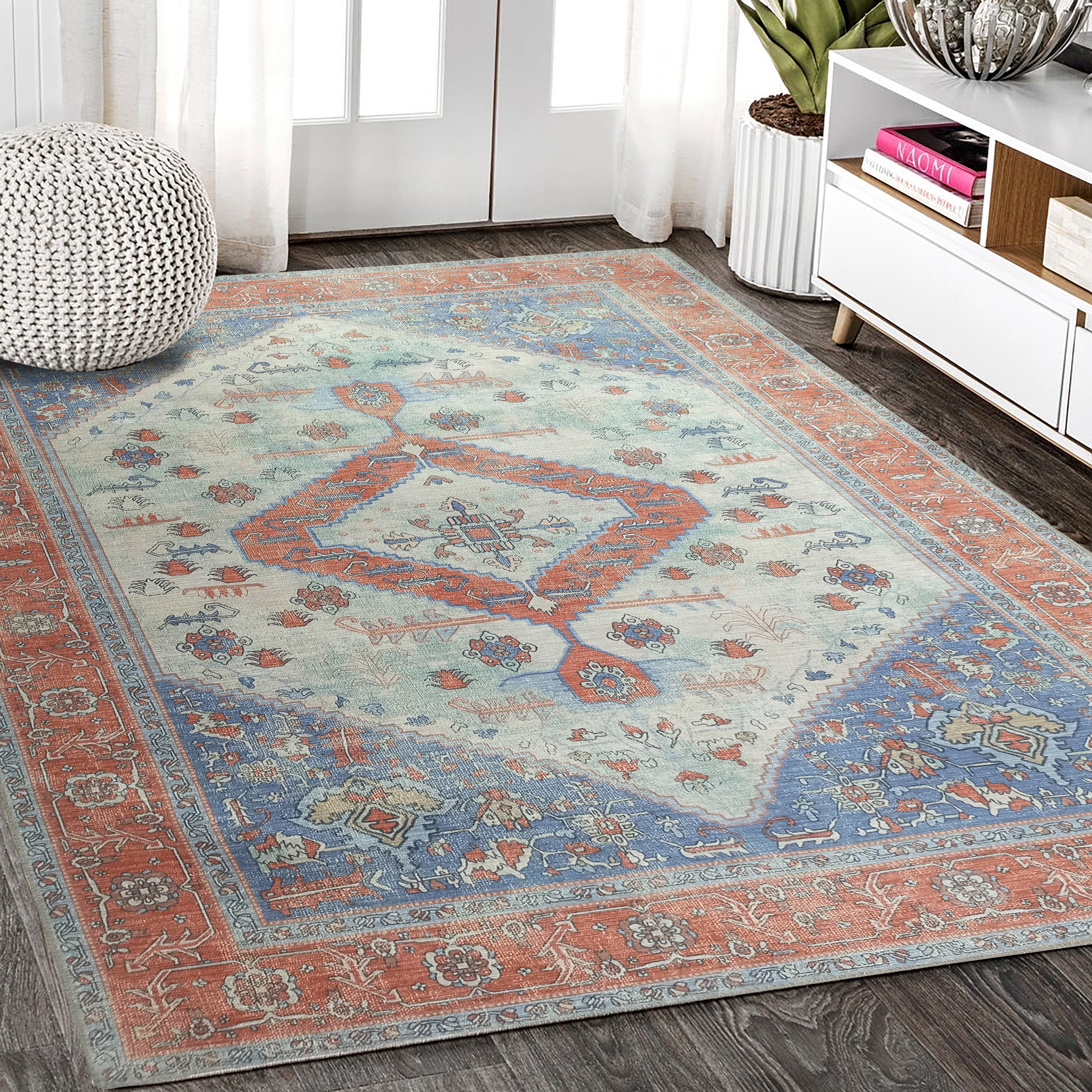 Serapi Antique Persian Rug, Shades of Brunt Orange with a touch of Blue Modern Oriental Vintage Inspired Area Rugs Living room Bedroom Hall-famerugs-2&#39;x3&#39; ft 60x90cm-fame