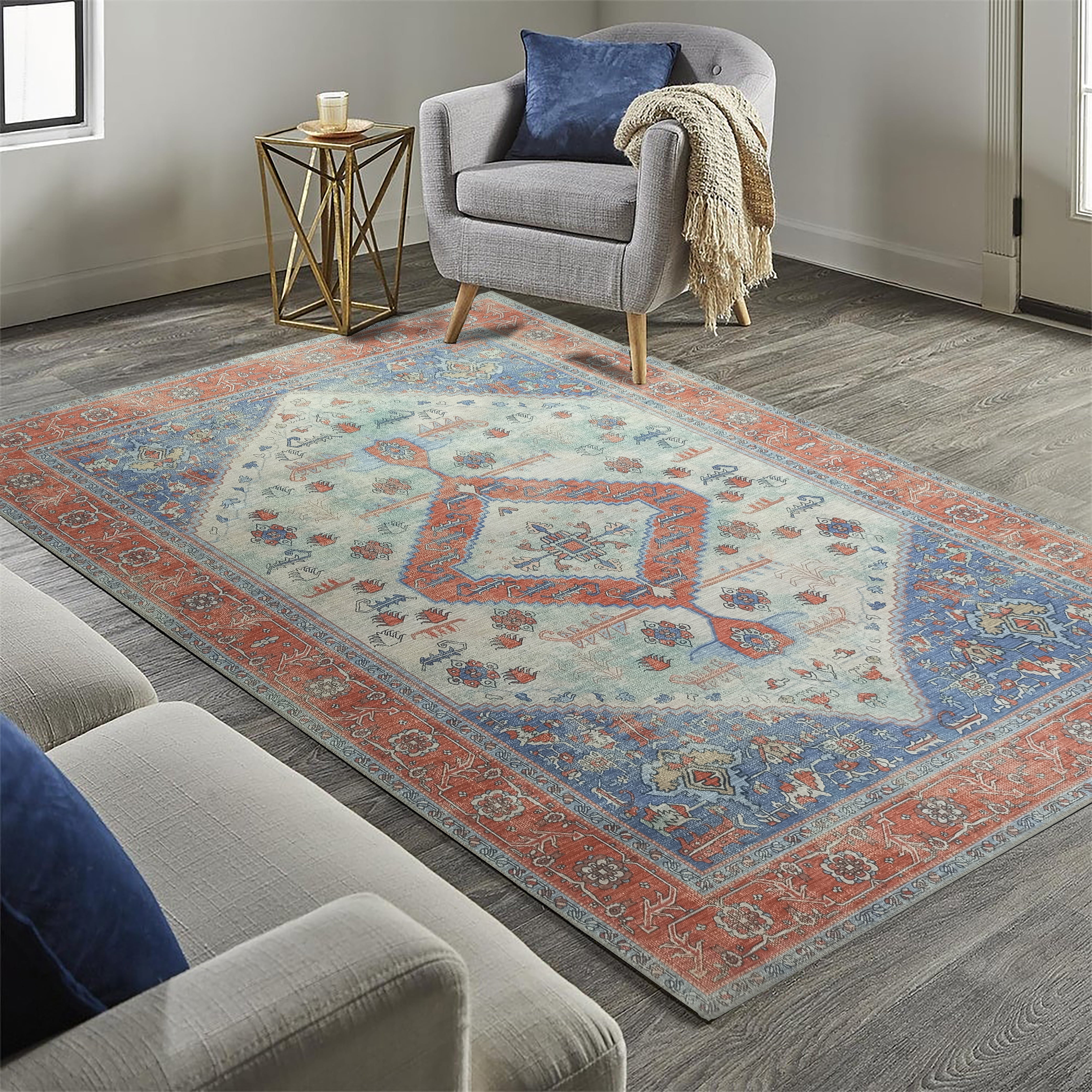 Serapi Antique Persian Rug, Shades of Brunt Orange with a touch of Blue Modern Oriental Vintage Inspired Area Rugs Living room Bedroom Hall-famerugs-2&#39;x3&#39; ft 60x90cm-fame