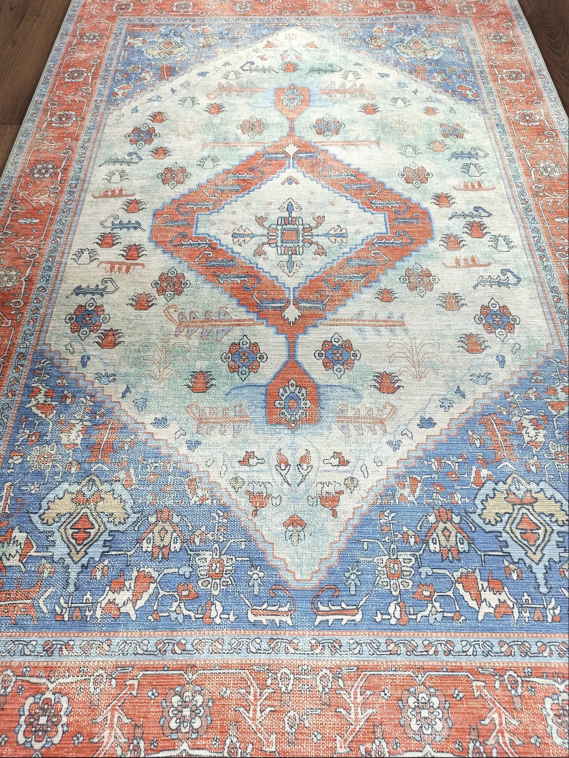 Serapi Antique Persian Rug, Shades of Brunt Orange with a touch of Blue Modern Oriental Vintage Inspired Area Rugs Living room Bedroom Hall-famerugs-2&#39;x3&#39; ft 60x90cm-fame