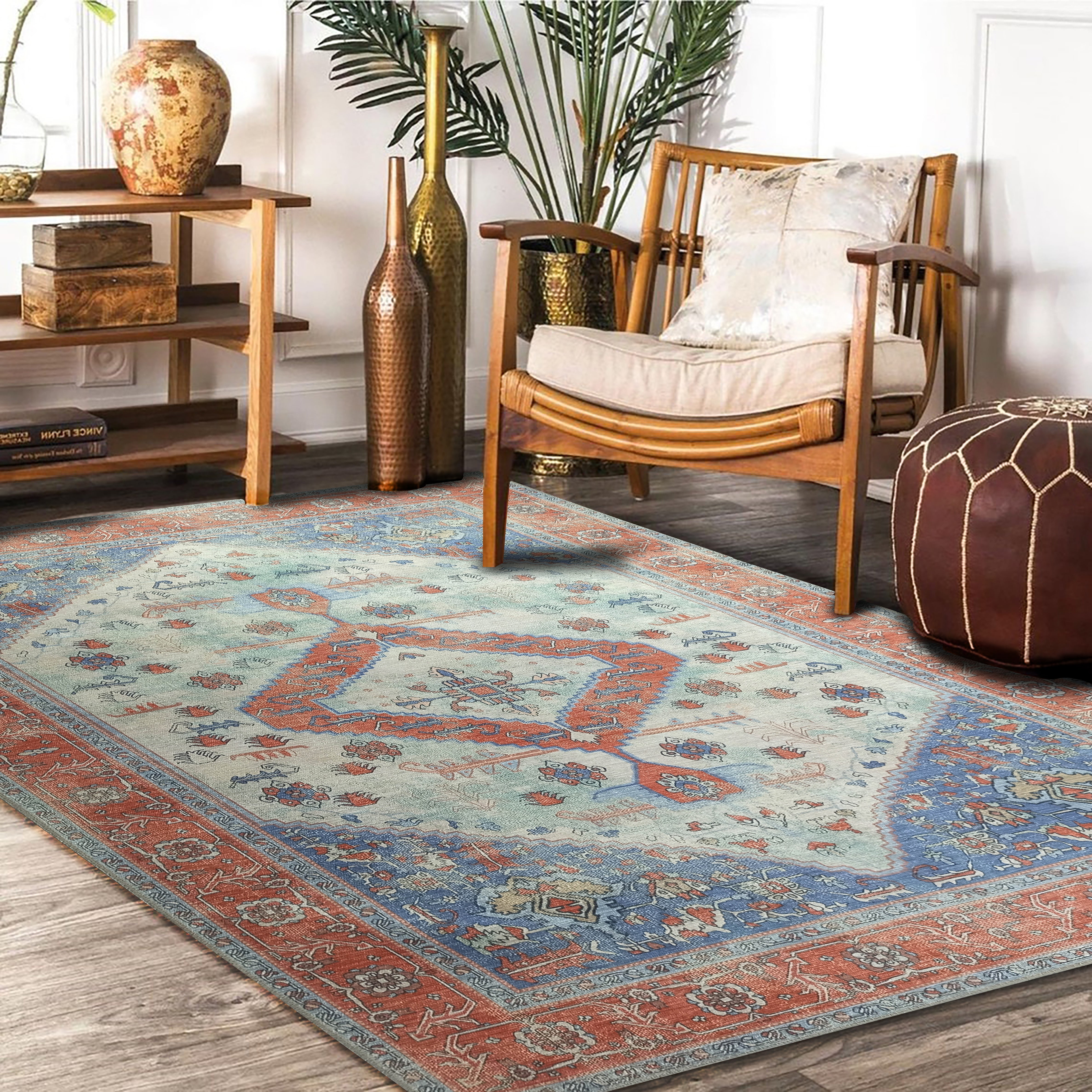 Serapi Antique Persian Rug, Shades of Brunt Orange with a touch of Blue Modern Oriental Vintage Inspired Area Rugs Living room Bedroom Hall-famerugs-2&#39;x3&#39; ft 60x90cm-fame