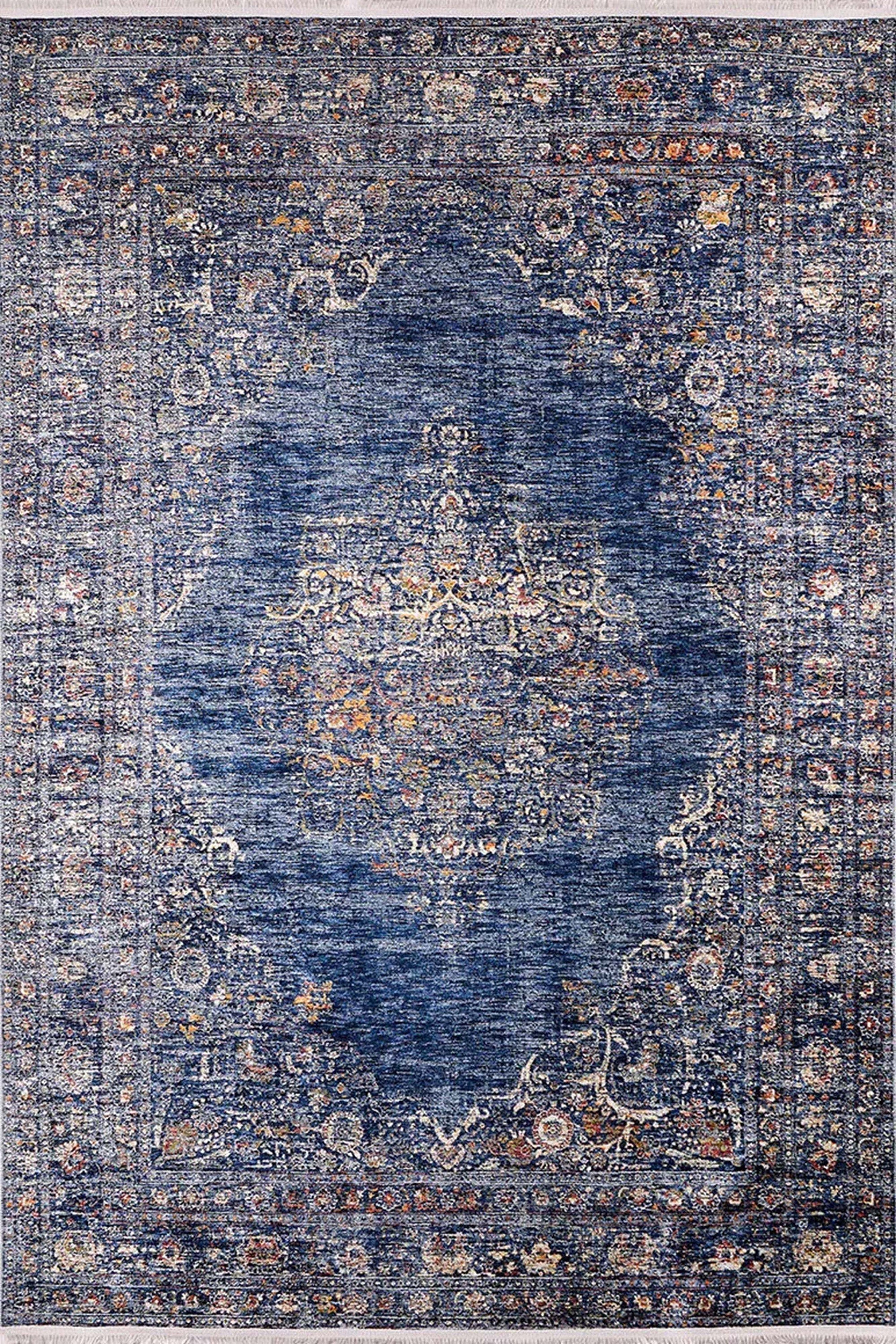 Sira Turkish Navy Blue Beige Vintage Rug-Fame Rugs-2'x3'ft 60x90cm-fame