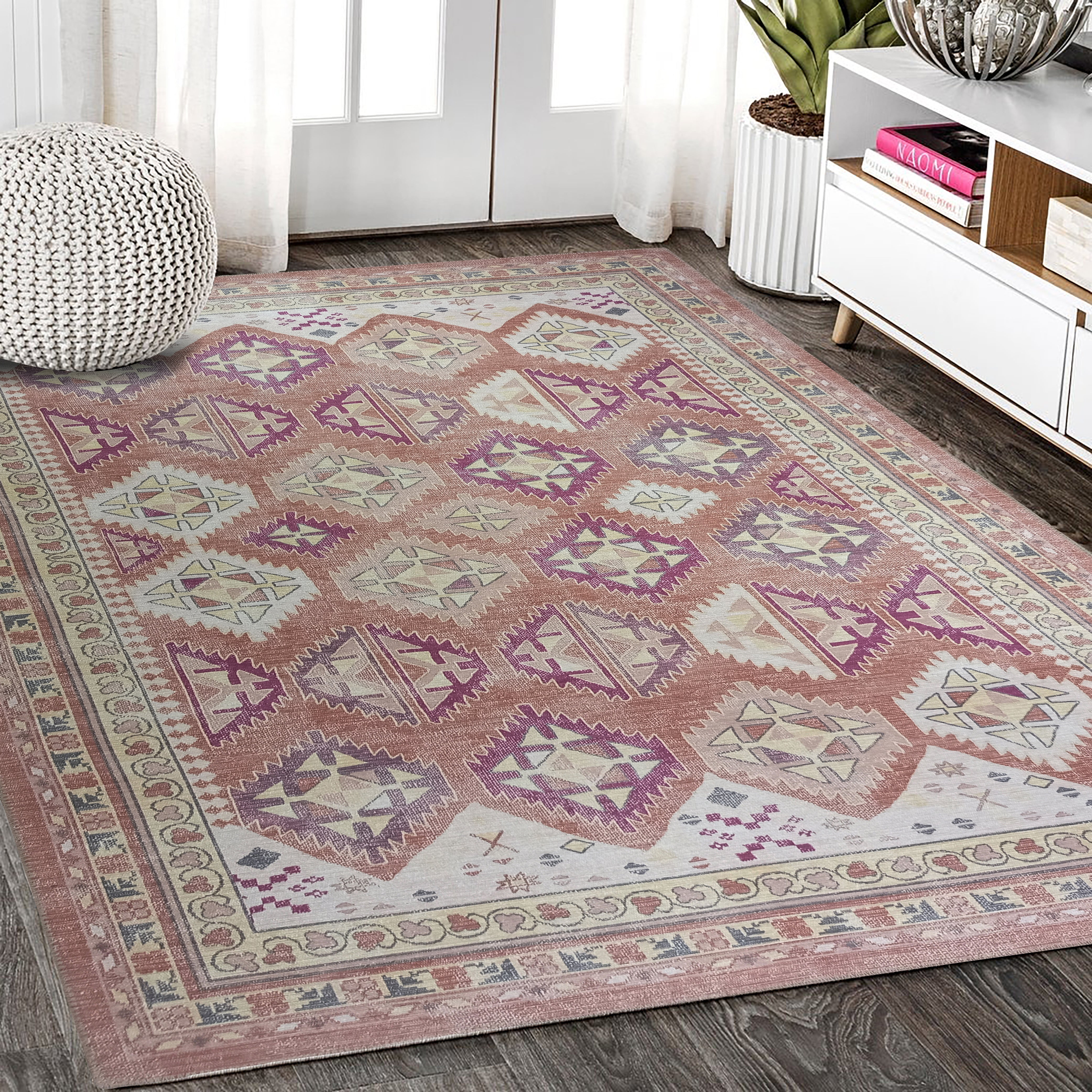 Soft Herki Vintage Rug, Shades of Brown Pastel Boho Luxury Oriental Geometric Diamond Turkish Inspired Area Rugs Living room Bedroom Hall-famerugs-2&#39;x3&#39; ft 60x90cm-fame