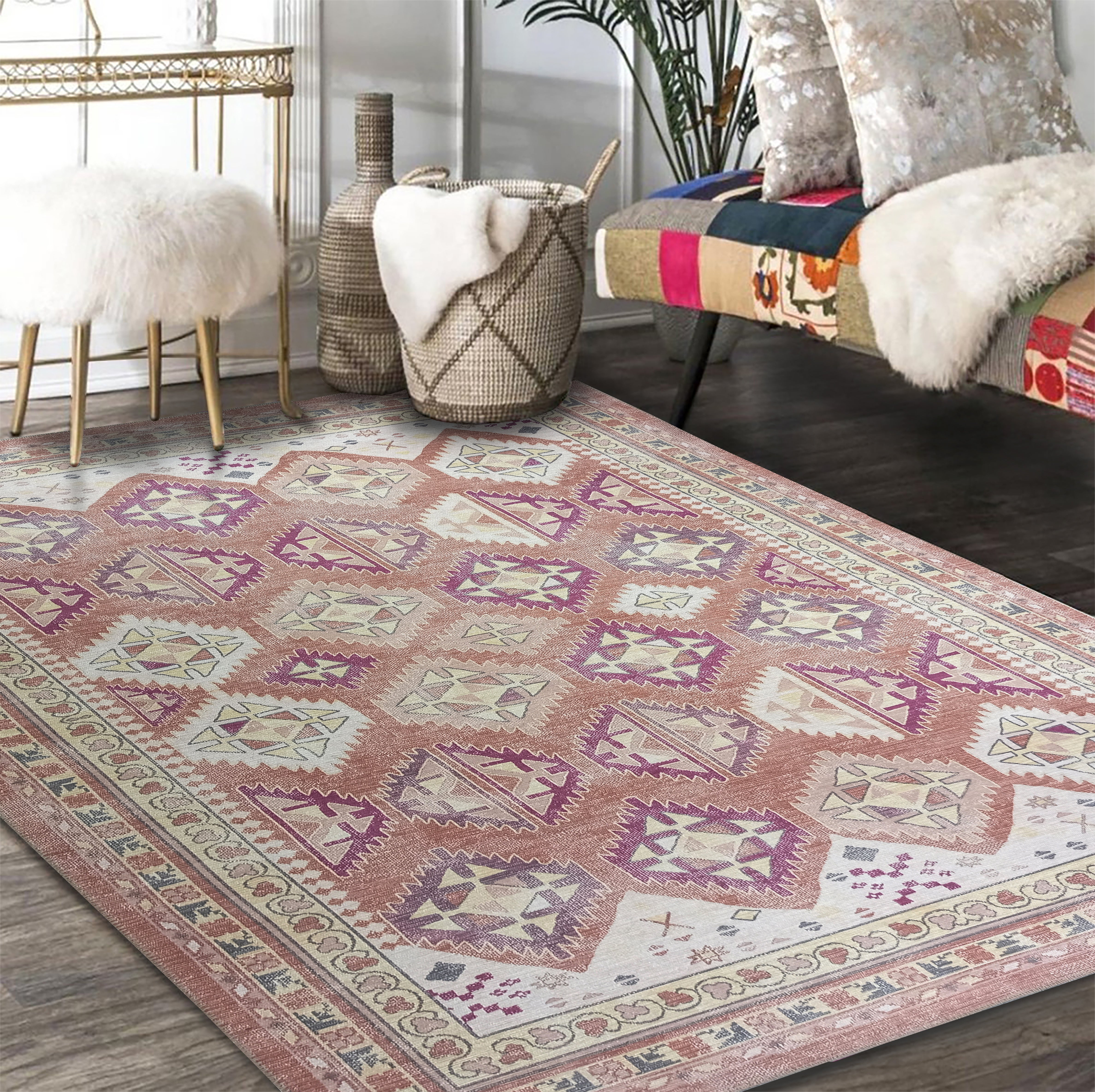 Soft Herki Vintage Rug, Shades of Brown Pastel Boho Luxury Oriental Geometric Diamond Turkish Inspired Area Rugs Living room Bedroom Hall-famerugs-2&#39;x3&#39; ft 60x90cm-fame