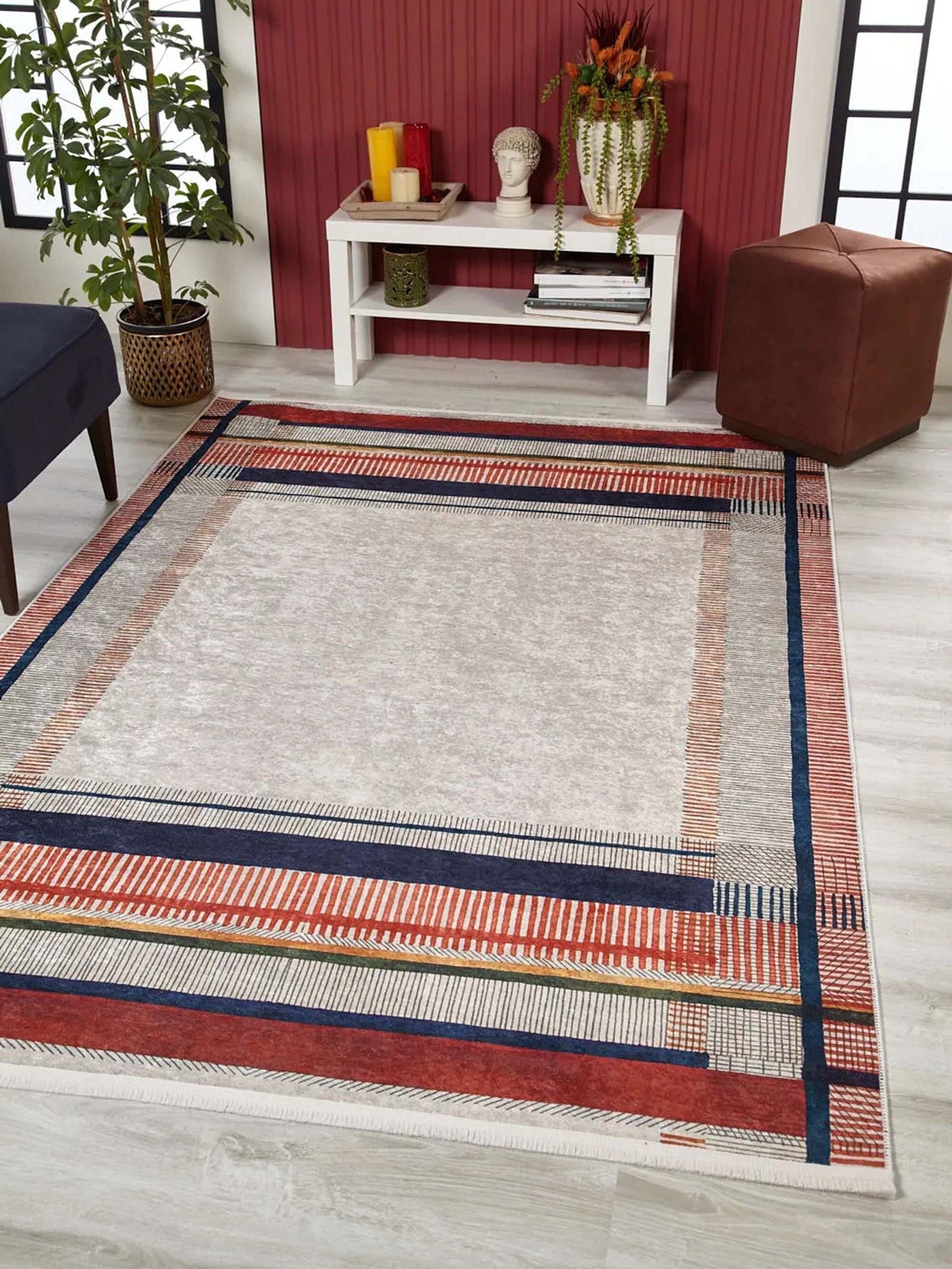 Solla Solid Beige Gray Rug Striped Border Rug-Fame Rugs-2'x3'ft 60x90cm-Beige-fame