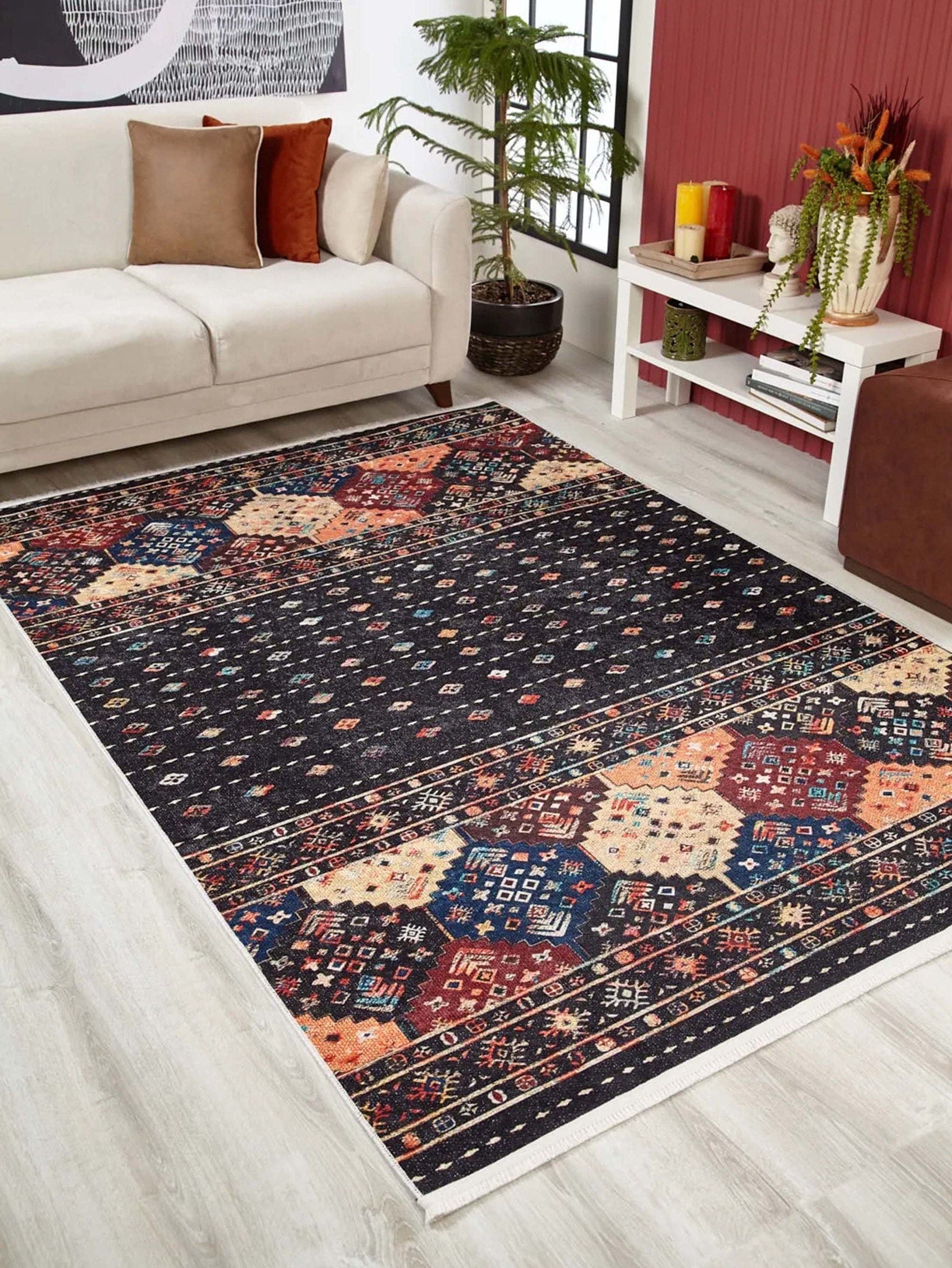 Suma Turkish Bohemian Black Rug-Fame Rugs-2'x3'ft 60x90cm-fame