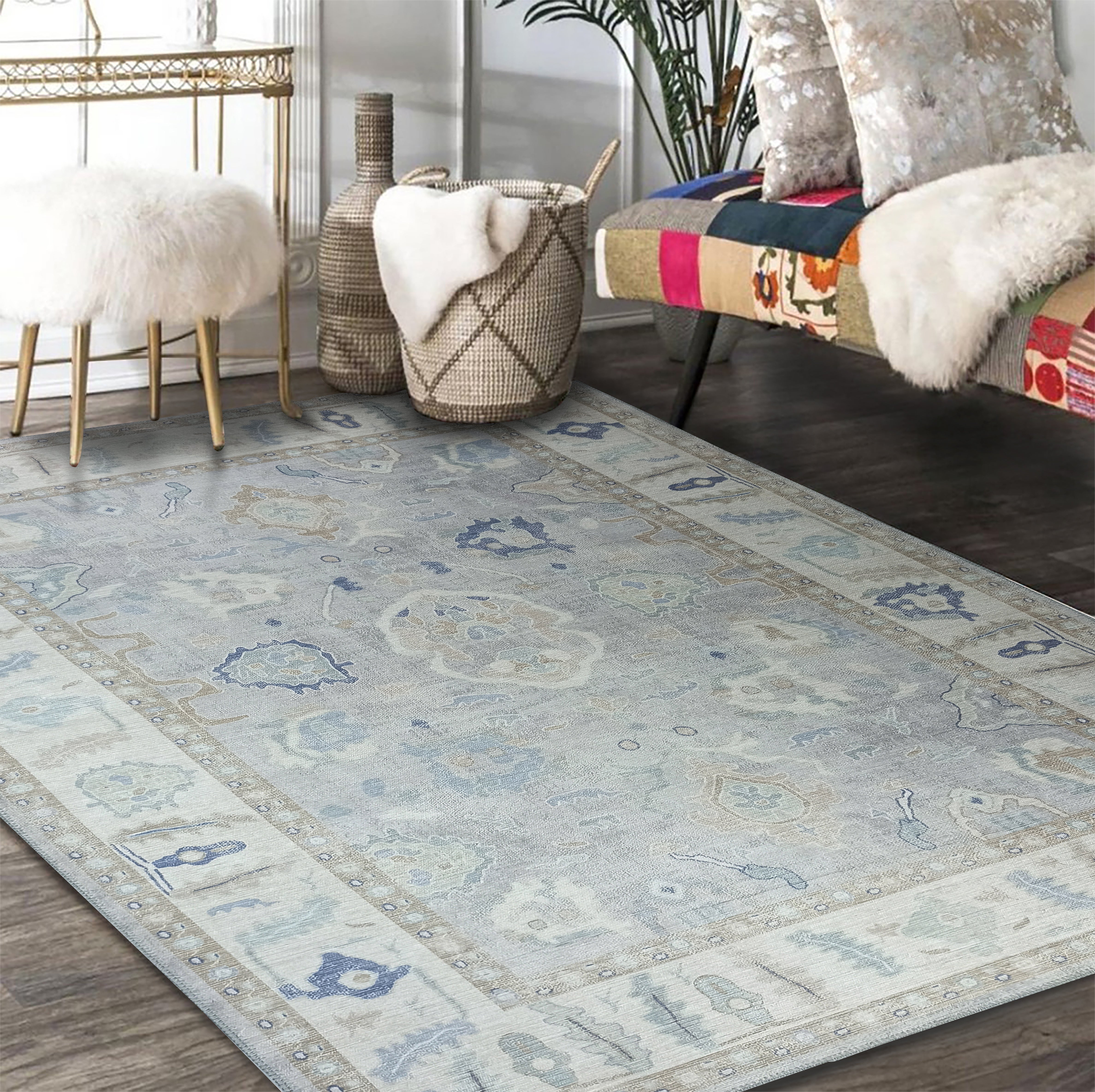 Sylvie Gray Blue Pastel Modern Oushak Rug-famerugs-2&#39;x3&#39; ft 60x90cm-fame