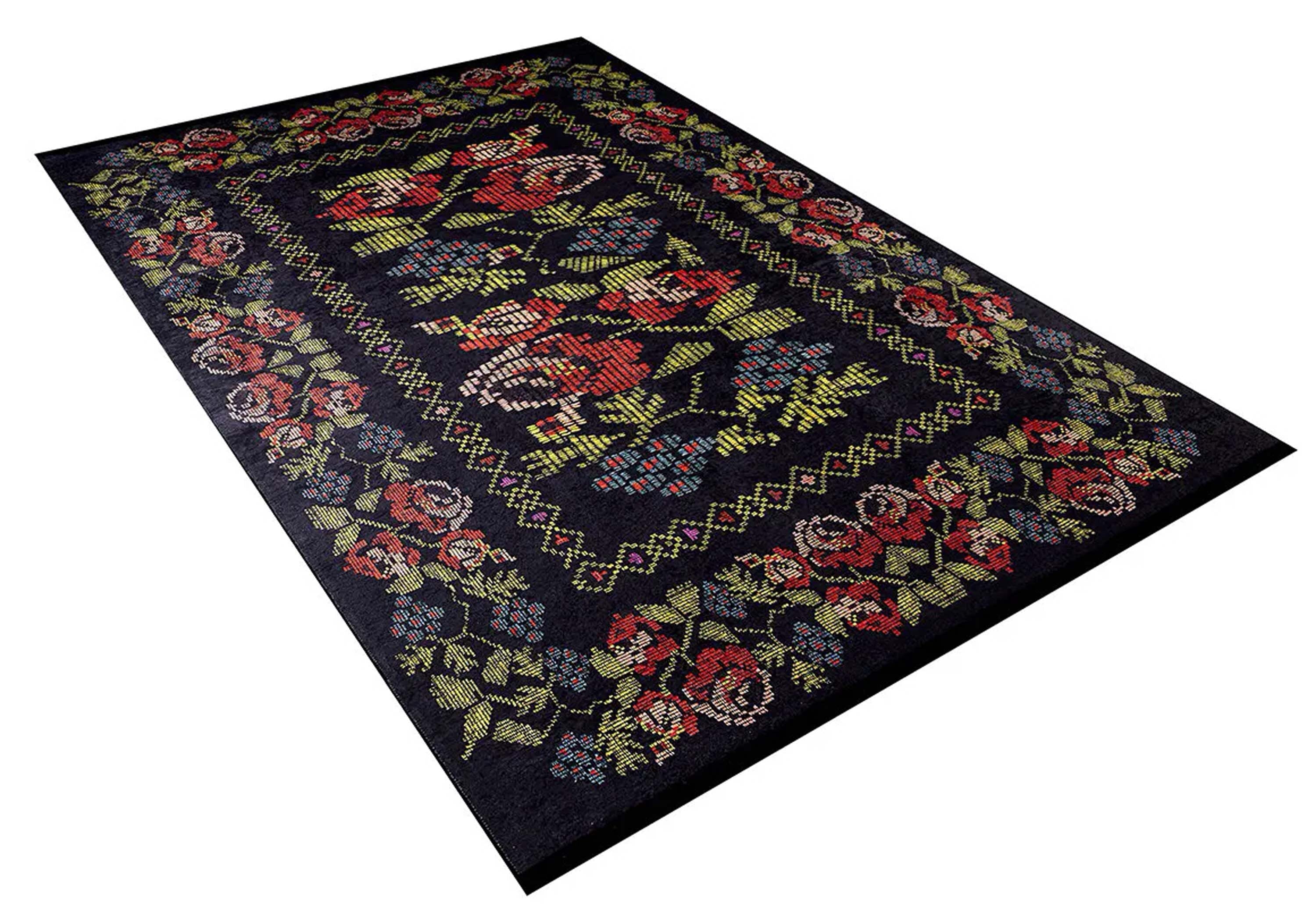 Tupia Rose Black Karabagh Floral Kilim Rug-Fame Rugs-2'x3'ft 60x90cm-fame