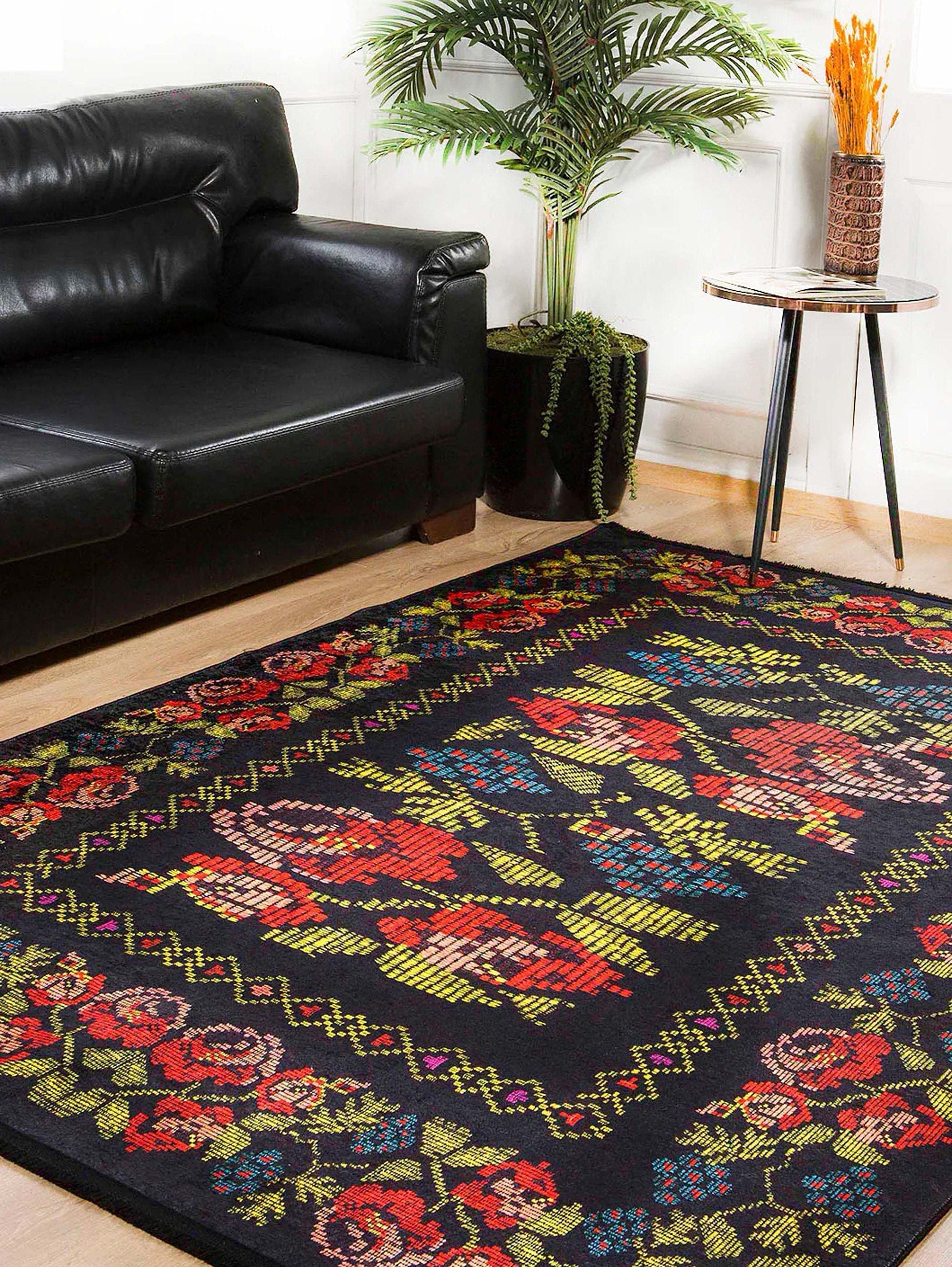 Tupia Rose Black Karabagh Floral Kilim Rug-Fame Rugs-2'x3'ft 60x90cm-fame