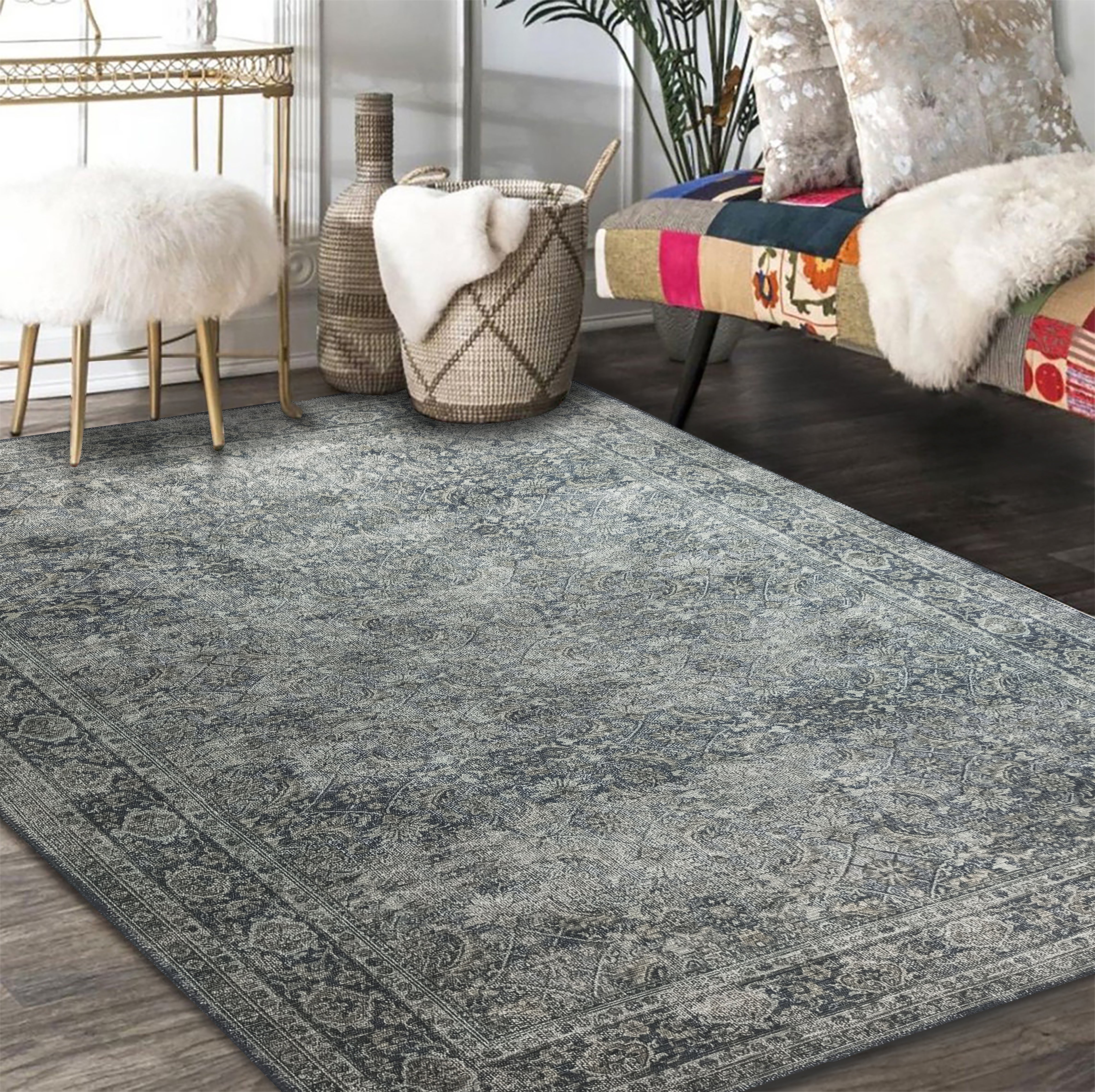 Valerie Distressed Persian Newburg Green & Olive Rug-famerugs-2&#39;x3&#39; ft 60x90cm-fame