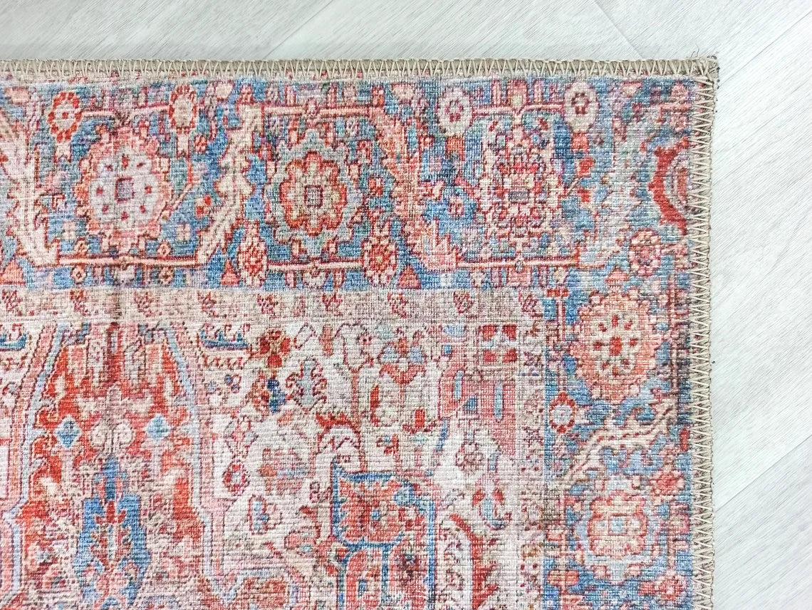 Valvia RugTurkish Terracotta Red Beige Sky Blue Rug-Rugs-Fame Rugs-2'x3' ft 60x90 cm-fame