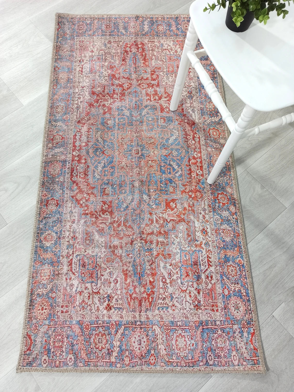 Valvia RugTurkish Terracotta Red Beige Sky Blue Rug-Rugs-Fame Rugs-2'x3' ft 60x90 cm-fame