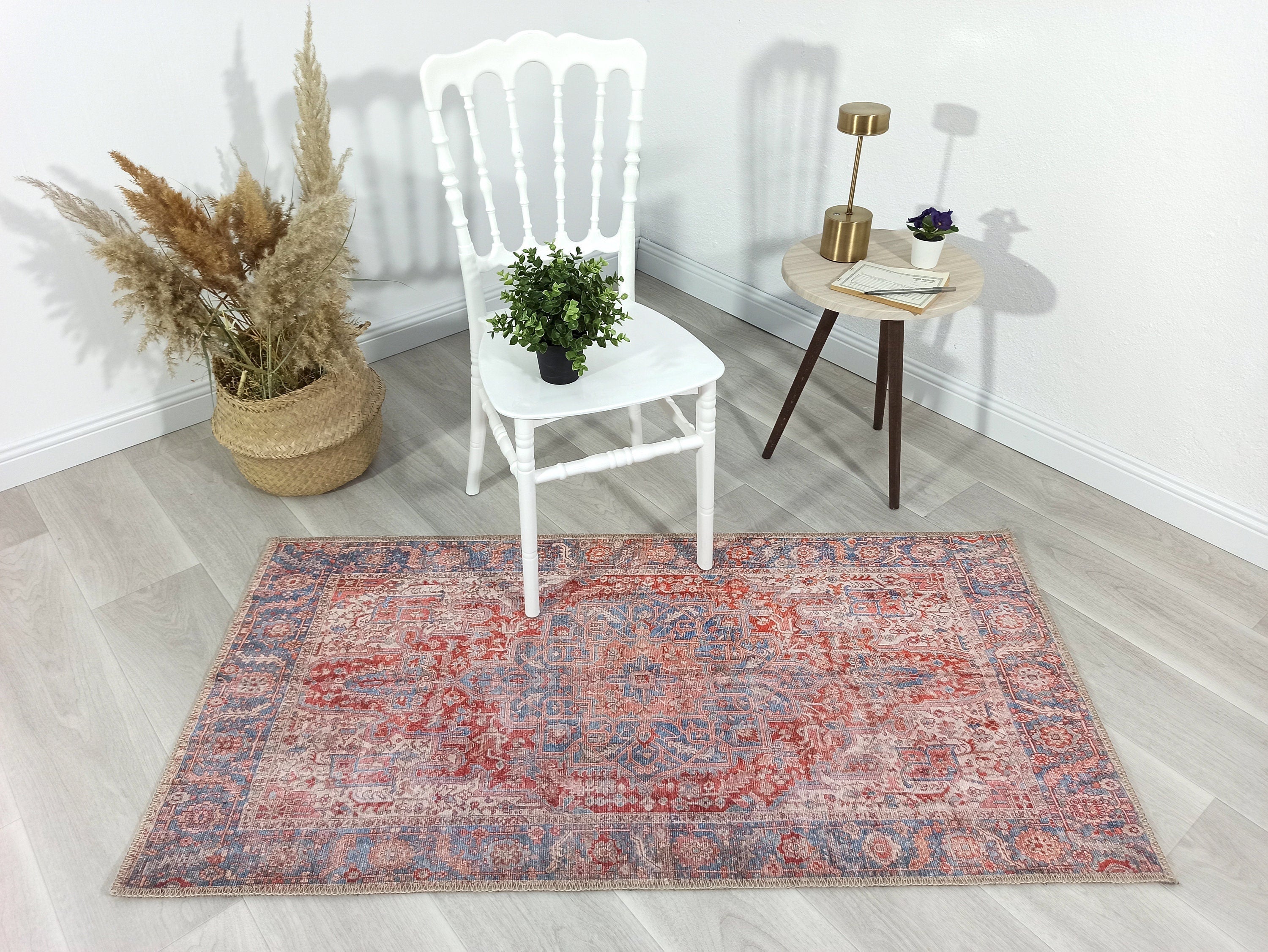 Valvia RugTurkish Terracotta Red Beige Sky Blue Rug-Rugs-Fame Rugs-2'x3' ft 60x90 cm-fame