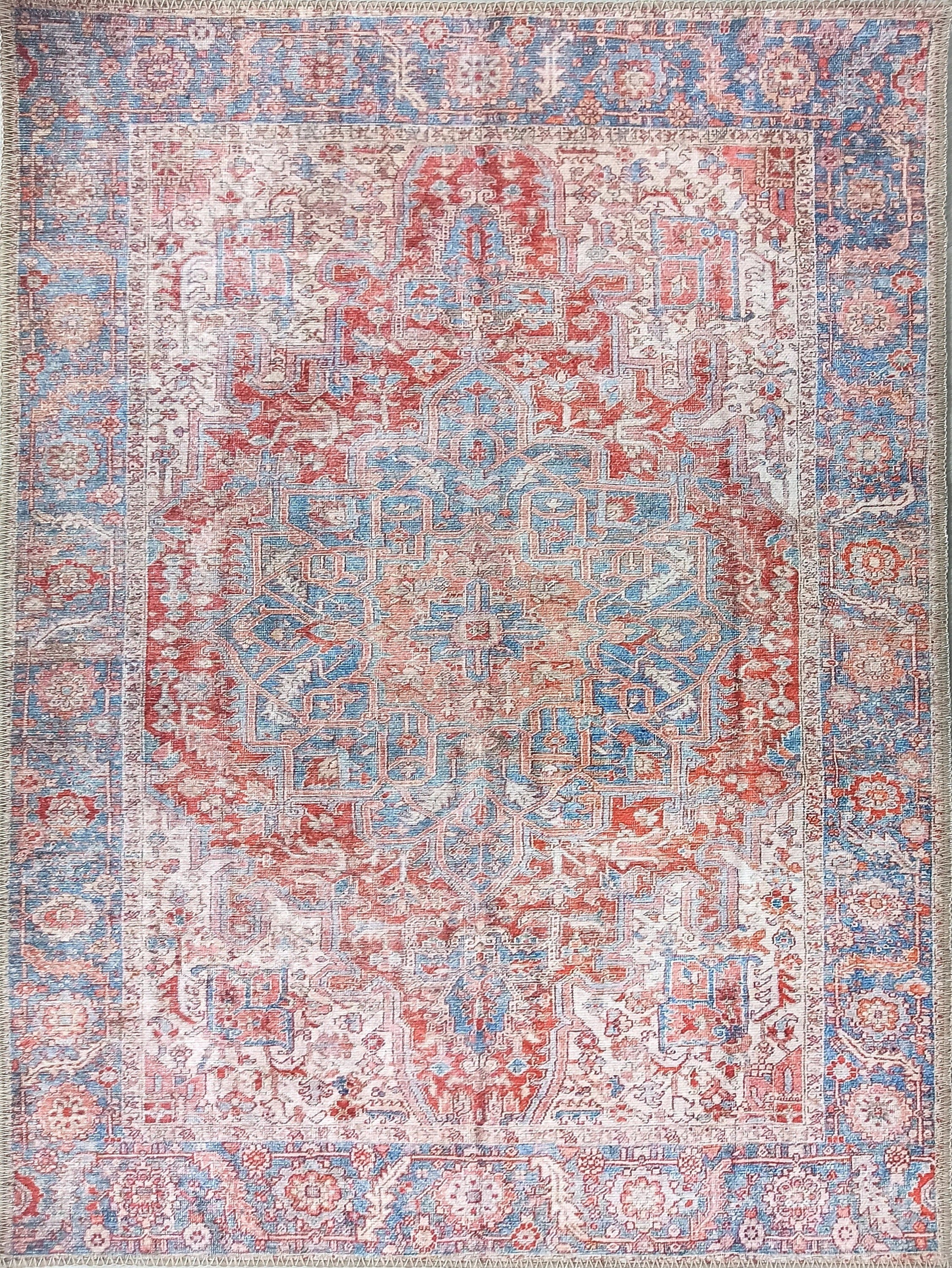 Valvia RugTurkish Terracotta Red Beige Sky Blue Rug-Rugs-Fame Rugs-2'x3' ft 60x90 cm-fame